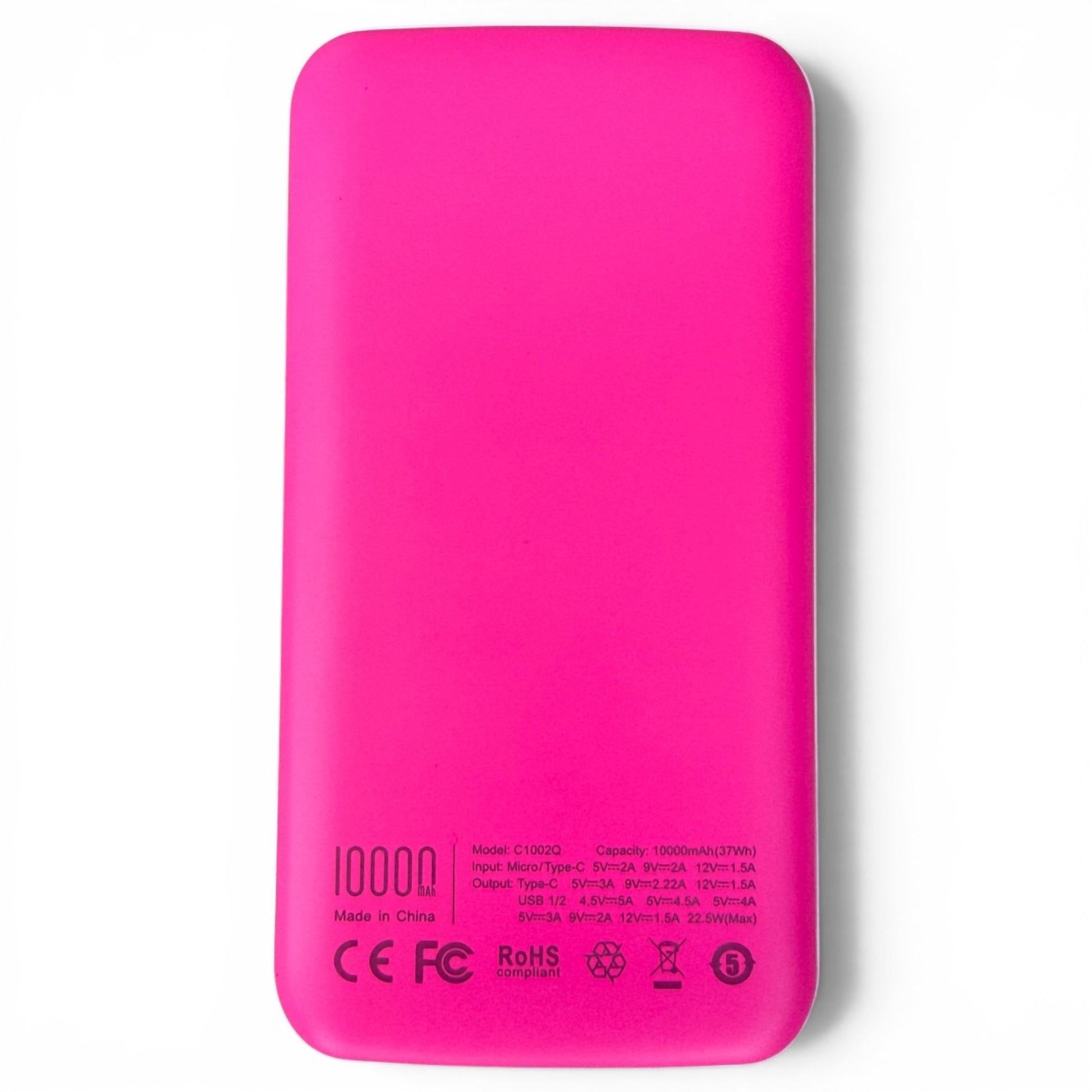 A bright pink Fast Charge Power Bank (10,000mAh) with rounded edges is displayed on a white background. Black technical specs and certification symbols appear on the lower part of this slim USB-C portable charger for iPhone & Android.