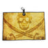 The Pirate Skull Golf Towel is a double-sided microfiber towel (24 x 16 in) featuring a brown skull and crossbones with crossed swords, a carabiner clip, heavy-duty magnetic backing, and a small flamingo icon attached to the top.