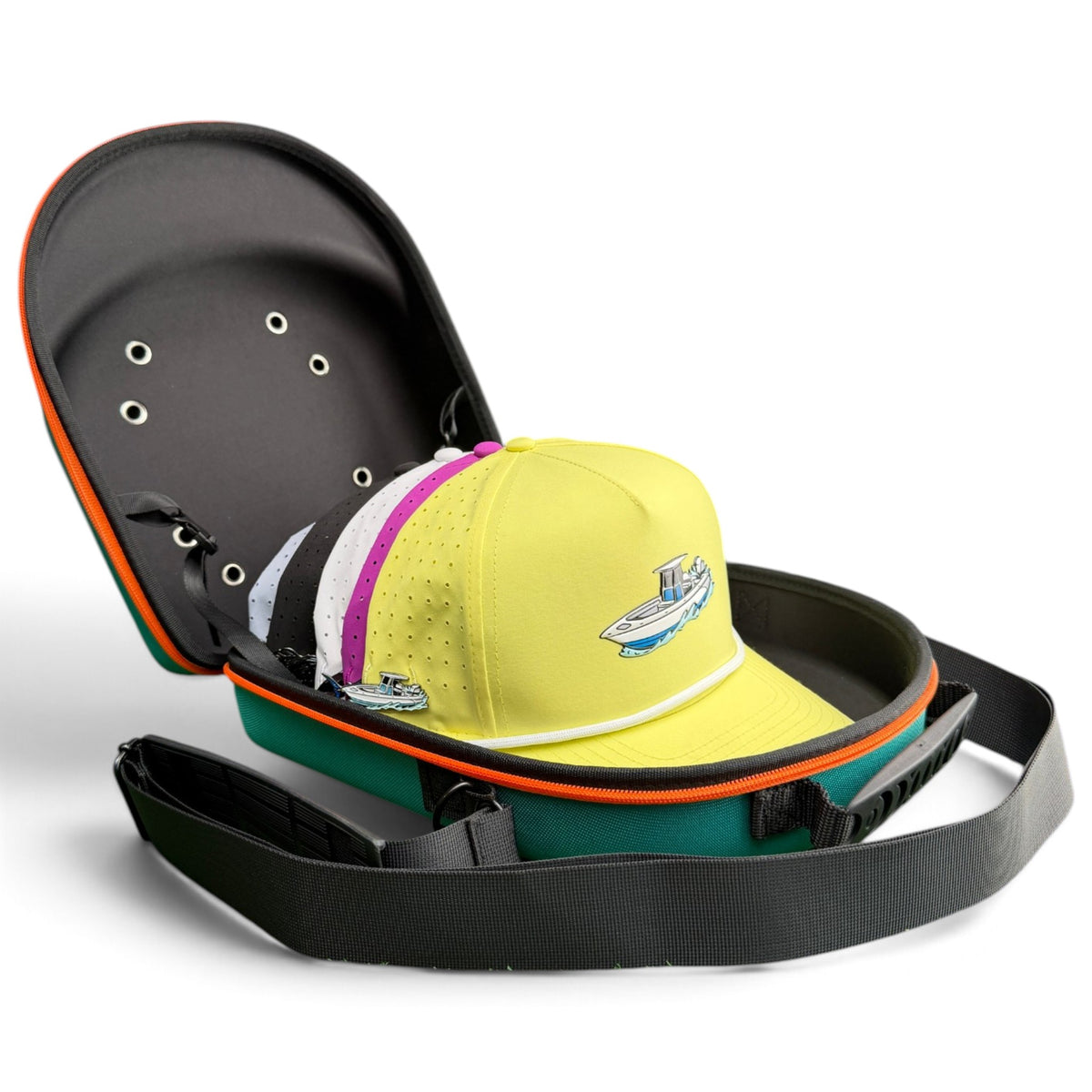 Teal/Orange Hat Caddy Travel Case | Hard Shell Hat Carrier Holds Up to 6 Hats | Protective Hat Storage Case with Adjustable Shoulder Strap