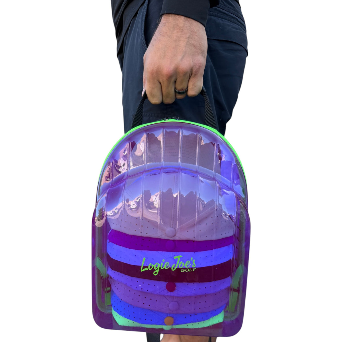 Purple/Green Hat Caddy Travel Case | Hard Shell Hat Carrier Holds Up to 8 Hats | Protective Hat Storage Case with Adjustable Shoulder Strap