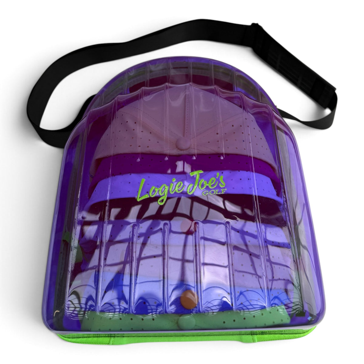 Purple/Green Hat Caddy Travel Case | Hard Shell Hat Carrier Holds Up to 8 Hats | Protective Hat Storage Case with Adjustable Shoulder Strap