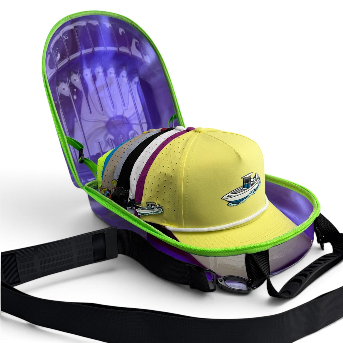 Purple/Green Hat Caddy Travel Case | Hard Shell Hat Carrier Holds Up to 8 Hats | Protective Hat Storage Case with Adjustable Shoulder Strap