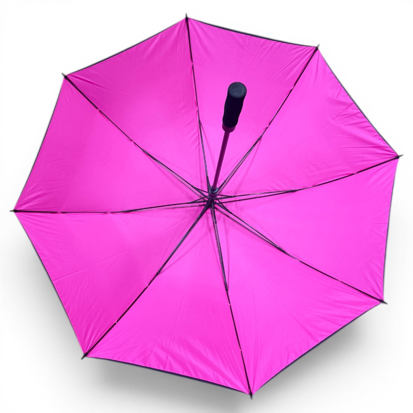 The 60" Golf Umbrella | Oversized Black & Pink Golf Umbrella features a vibrant pink canopy with contrasting black handle and ribs, seen fully open from above against a white background, providing excellent rain protection.