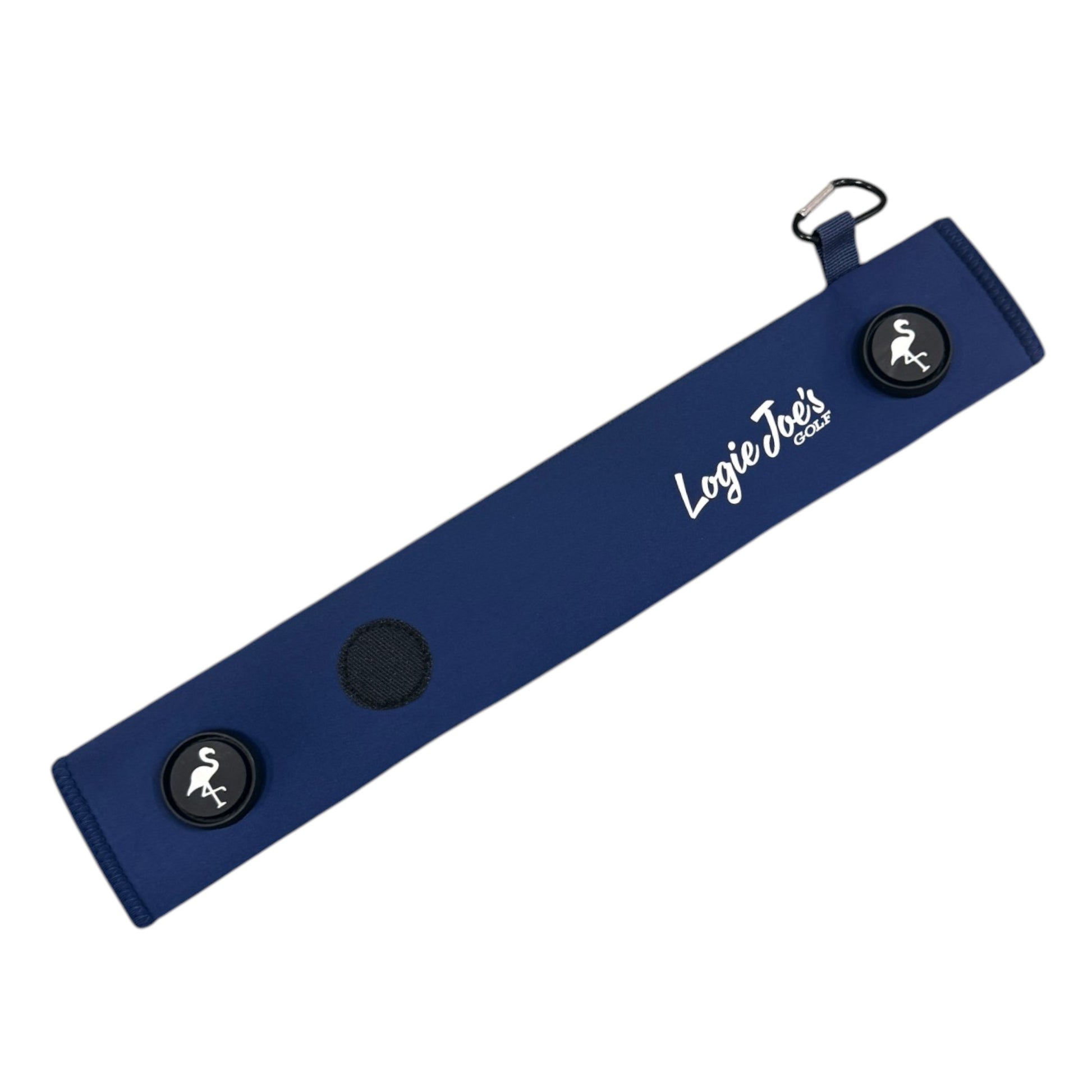 The Navy Magnetic Golf Cart Strap Sleeve features durable neoprene rubber, dual accessory magnets, a glove holder with velcro, and a carabiner for easy bag attachment—essential for keeping your golf accessories organized. Size: 18.5 x 3.5 in.