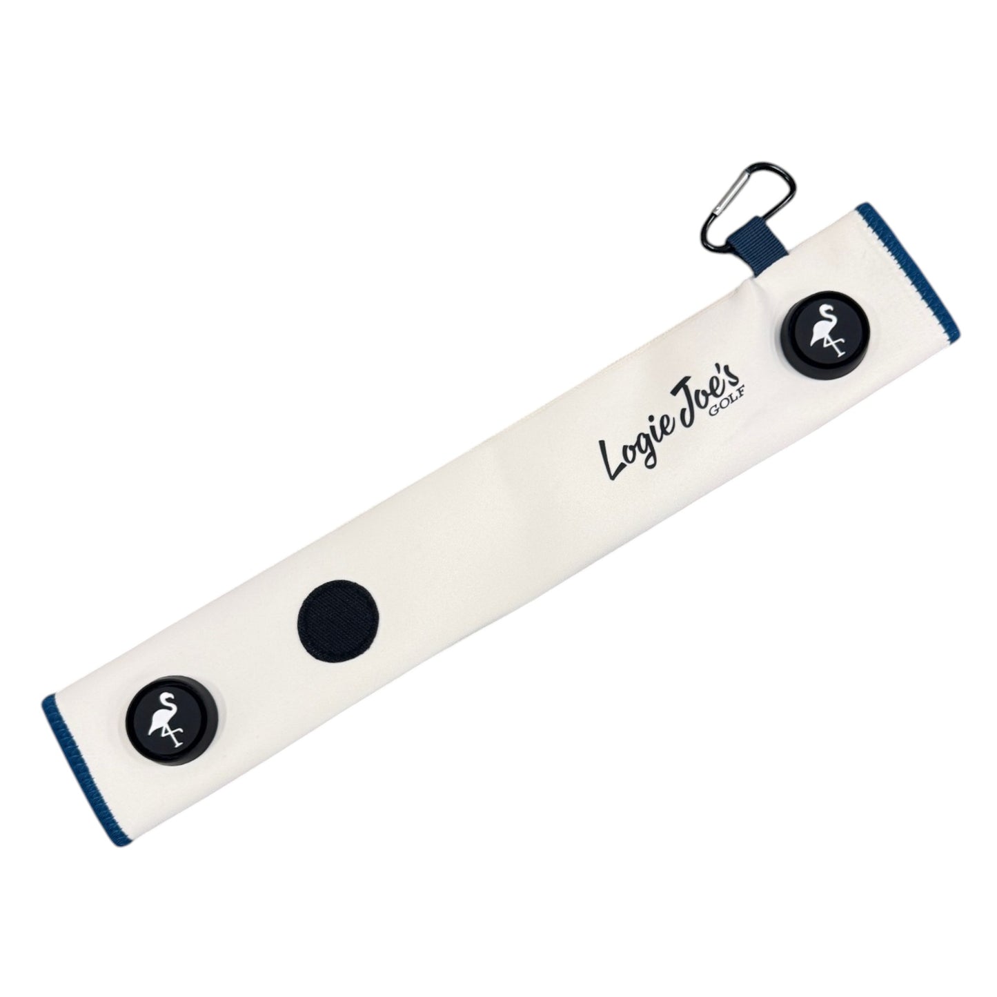 The White/Teal Magnetic Golf Cart Strap Sleeve is an 18.5 x 3.5 in neoprene rubber glove holder with dual accessory magnets, Velcro, and a carabiner for easy golf bag attachment—ideal golf cart accessory.