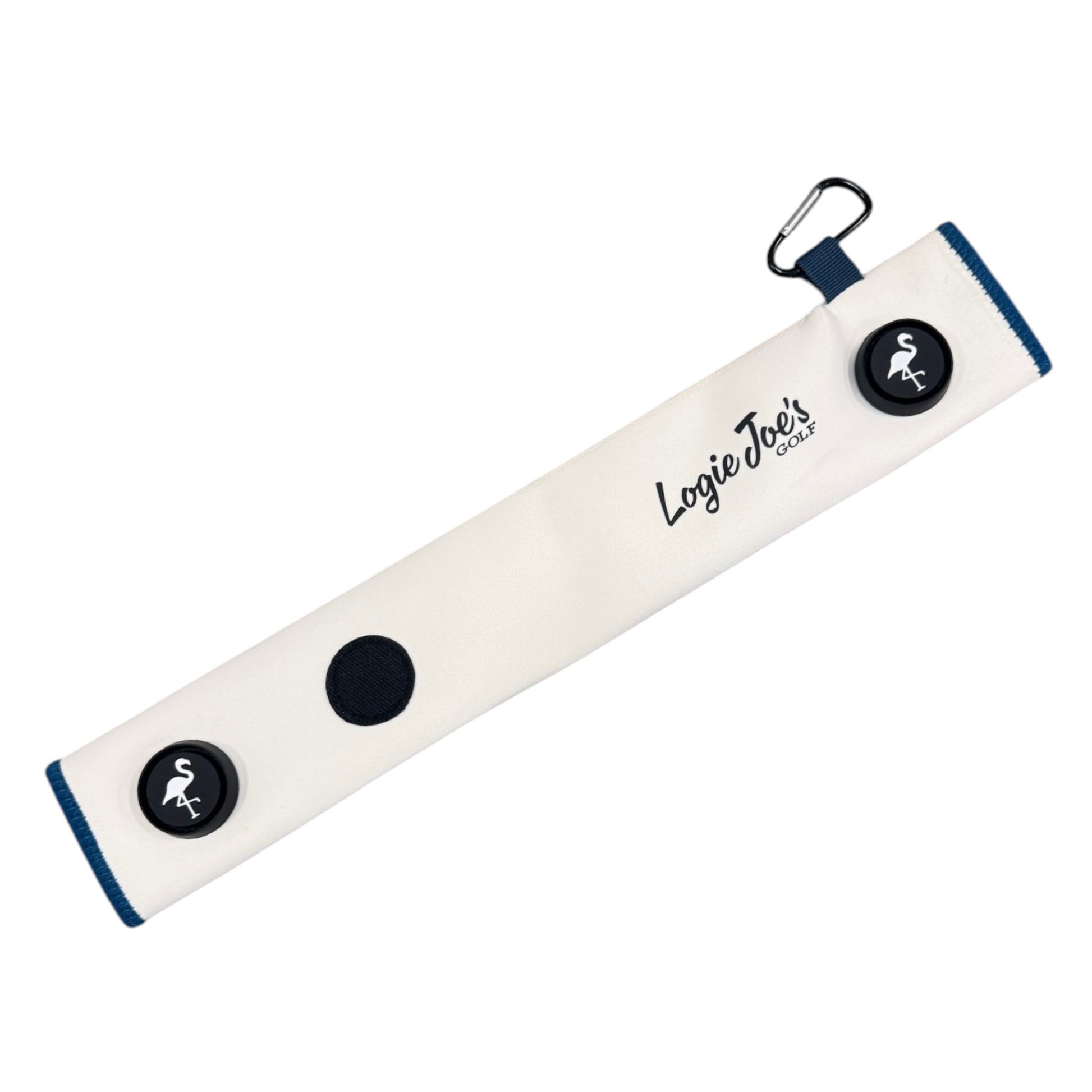 The White/Teal Magnetic Golf Cart Strap Sleeve is an 18.5 x 3.5 in neoprene rubber glove holder with dual accessory magnets, Velcro, and a carabiner for easy golf bag attachment—ideal golf cart accessory.