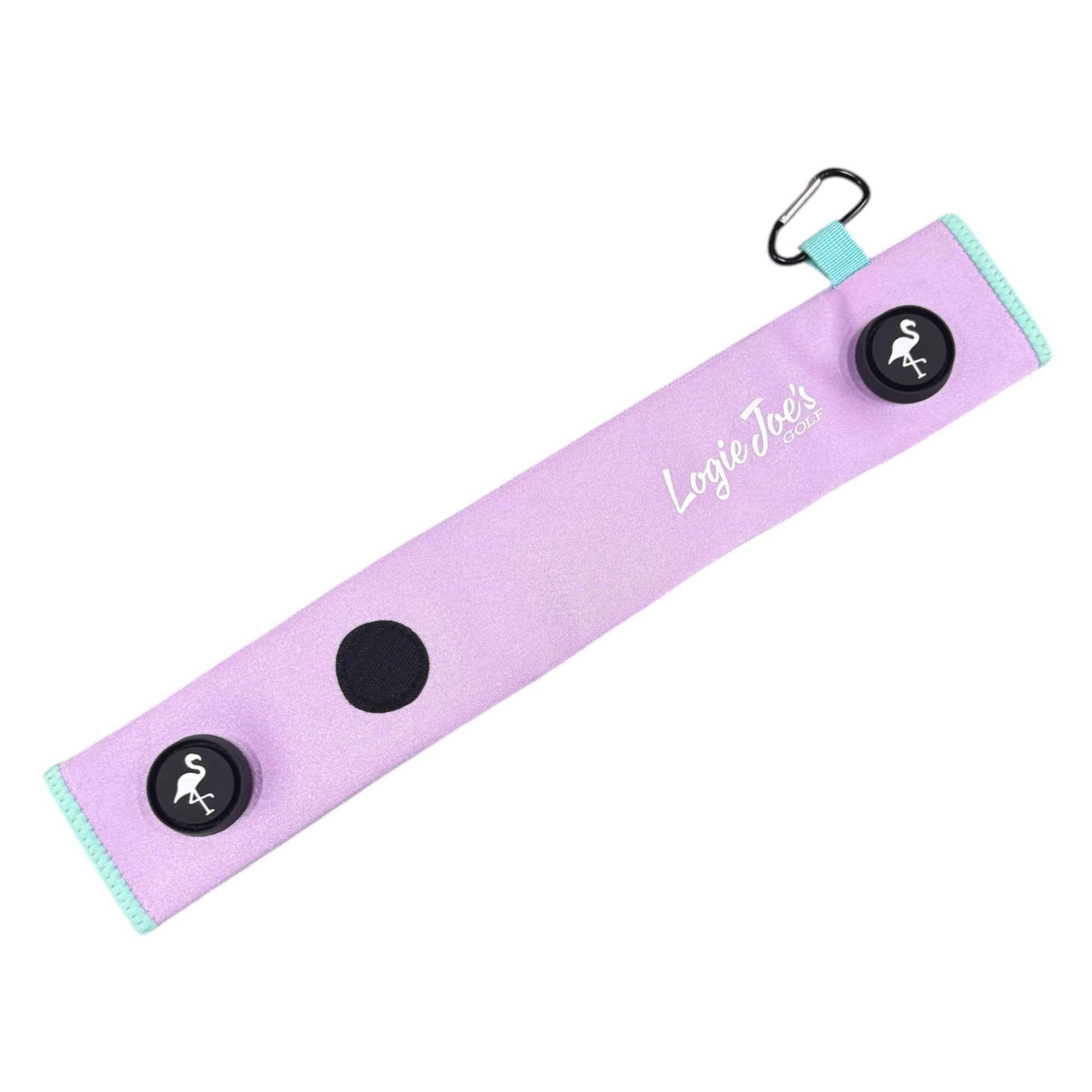 The Lilac/Turquoise Magnetic Golf Cart Strap Sleeve features neoprene rubber, dual accessory magnets, a Velcro glove holder, and a carabiner bag attachment—measuring 18.5 x 3.5 in—for a stylish and functional golf accessory.