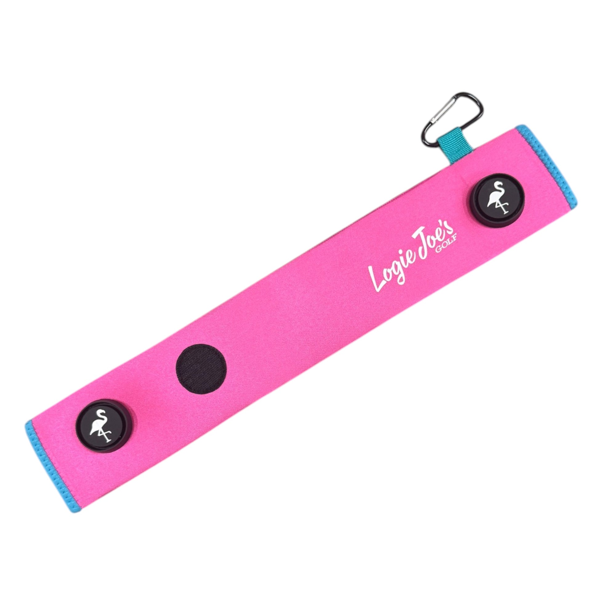 The Pink/Teal Magnetic Golf Cart Strap Sleeve (18.5 x 3.5 in) features neoprene rubber, dual accessory magnets, a Velcro glove holder, black flamingo clip accents, and a silver carabiner—perfect for your golf bag or cart.