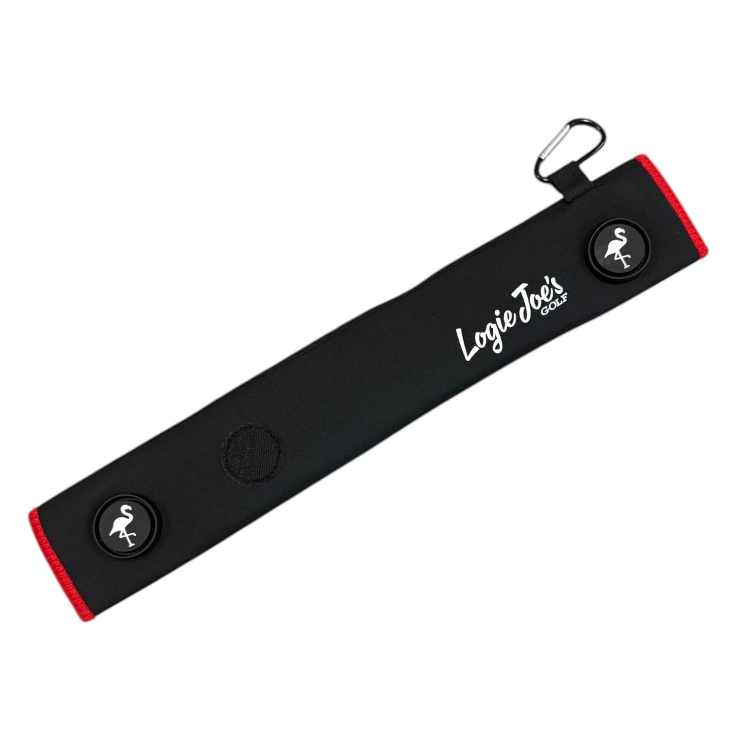 The Black/Red Magnetic Golf Cart Strap Sleeve, made of neoprene rubber, features dual accessory magnets, a Velcro glove holder, a carabiner bag attachment, and measures 18.5 x 3.5 in—ideal for organizing and accessorizing your golf bag.