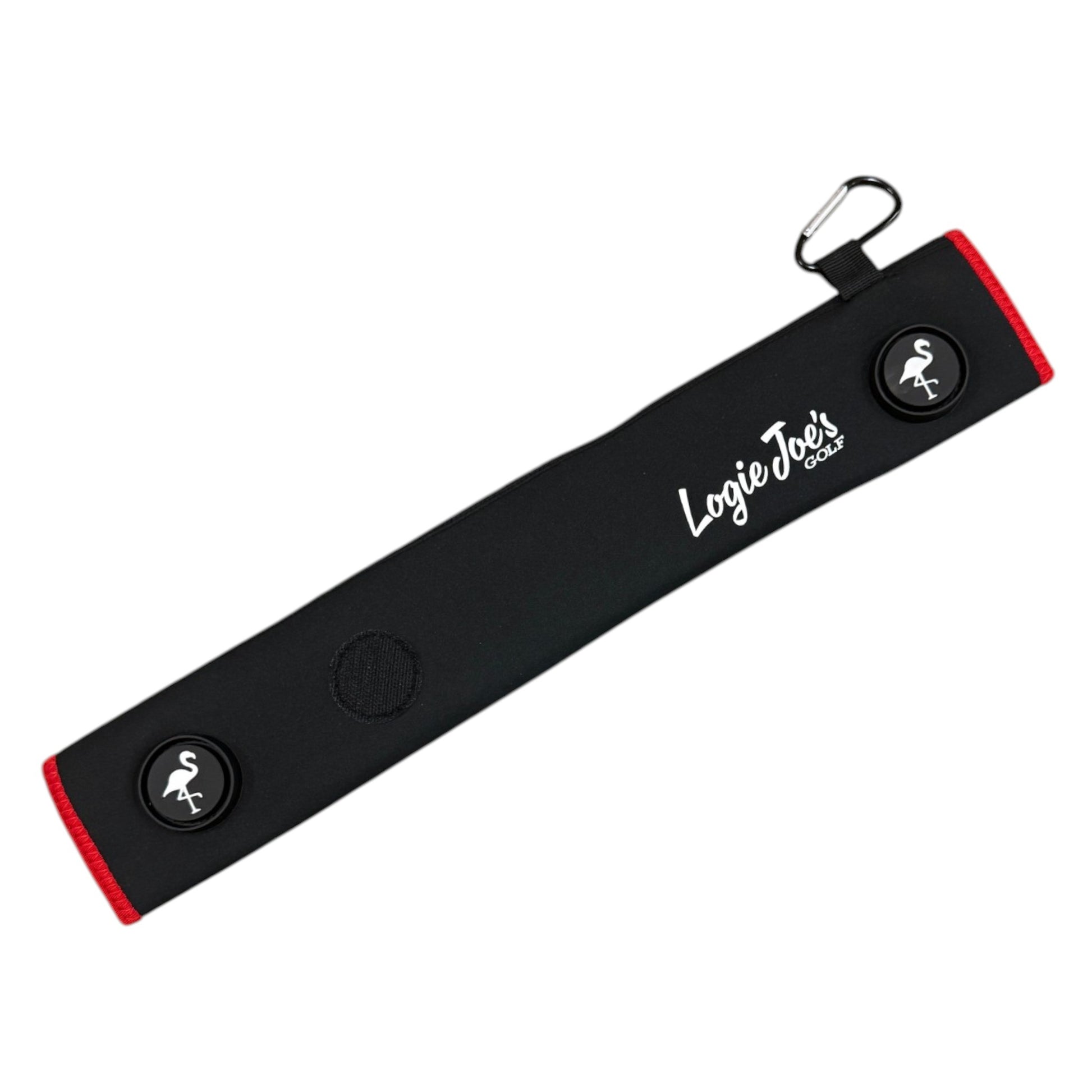 The Black/Red Magnetic Golf Cart Strap Sleeve, made of neoprene rubber, features dual accessory magnets, a Velcro glove holder, a carabiner bag attachment, and measures 18.5 x 3.5 in—ideal for organizing and accessorizing your golf bag.