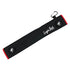 The Black/Red Magnetic Golf Cart Strap Sleeve, made of neoprene rubber, features dual accessory magnets, a Velcro glove holder, a carabiner bag attachment, and measures 18.5 x 3.5 in—ideal for organizing and accessorizing your golf bag.