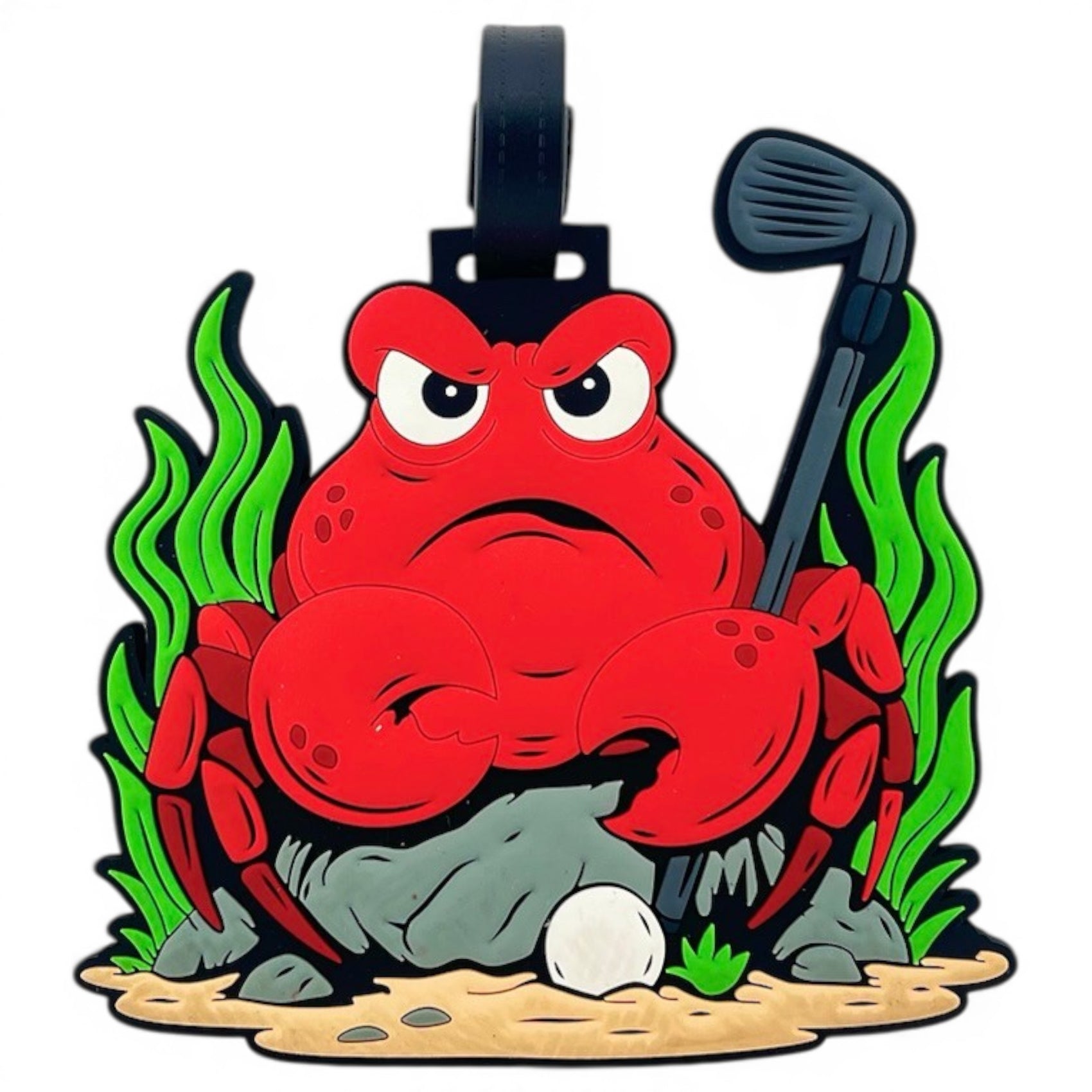 The Crab Trap Clip-On Tag features a cartoonish red crab with an angry face holding a golf club on a rock by green plants—ideal as a playful bag tag, travel tag, or unique golf accessory.