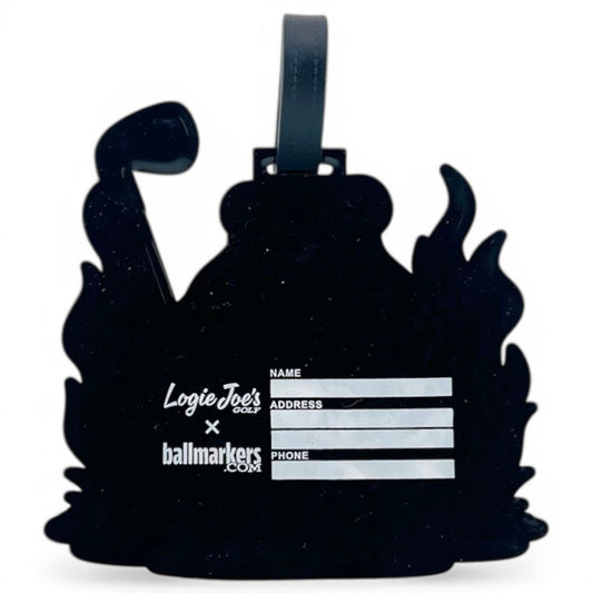 The Crab Trap Clip-On Tag is a black, flame-shaped multi-use bag tag with golf club and ball outlines, white Logie Joes Golf x ballmarkers.com text, and labeled spaces for your name, address, and phone number.