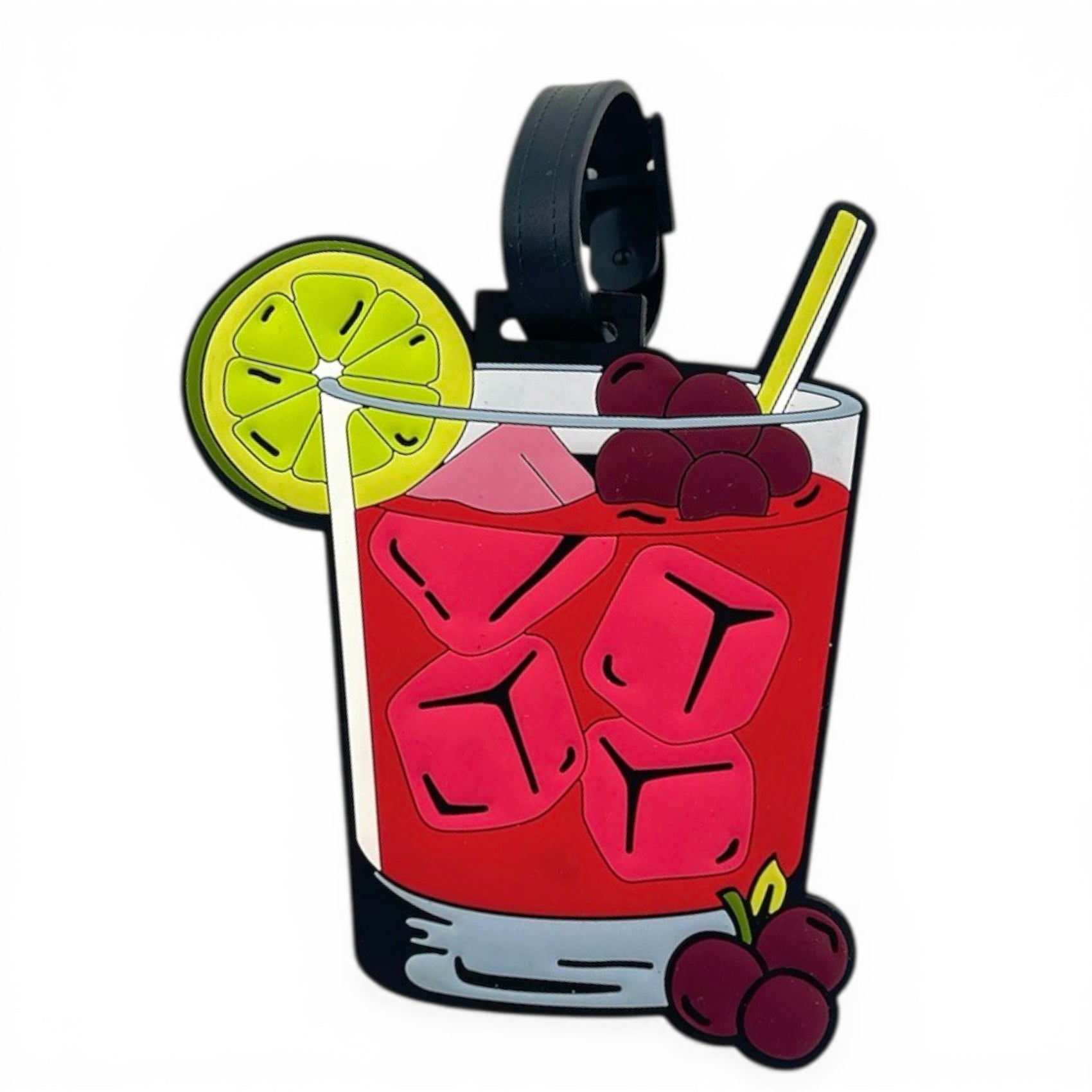 Cartoon-style image of a red cocktail with ice, lemon, cherries, and a yellow straw in a glass featuring the Transfusion Clip-On Tag—a multi-use bag tag and golf accessory perfect for cocktail lovers.