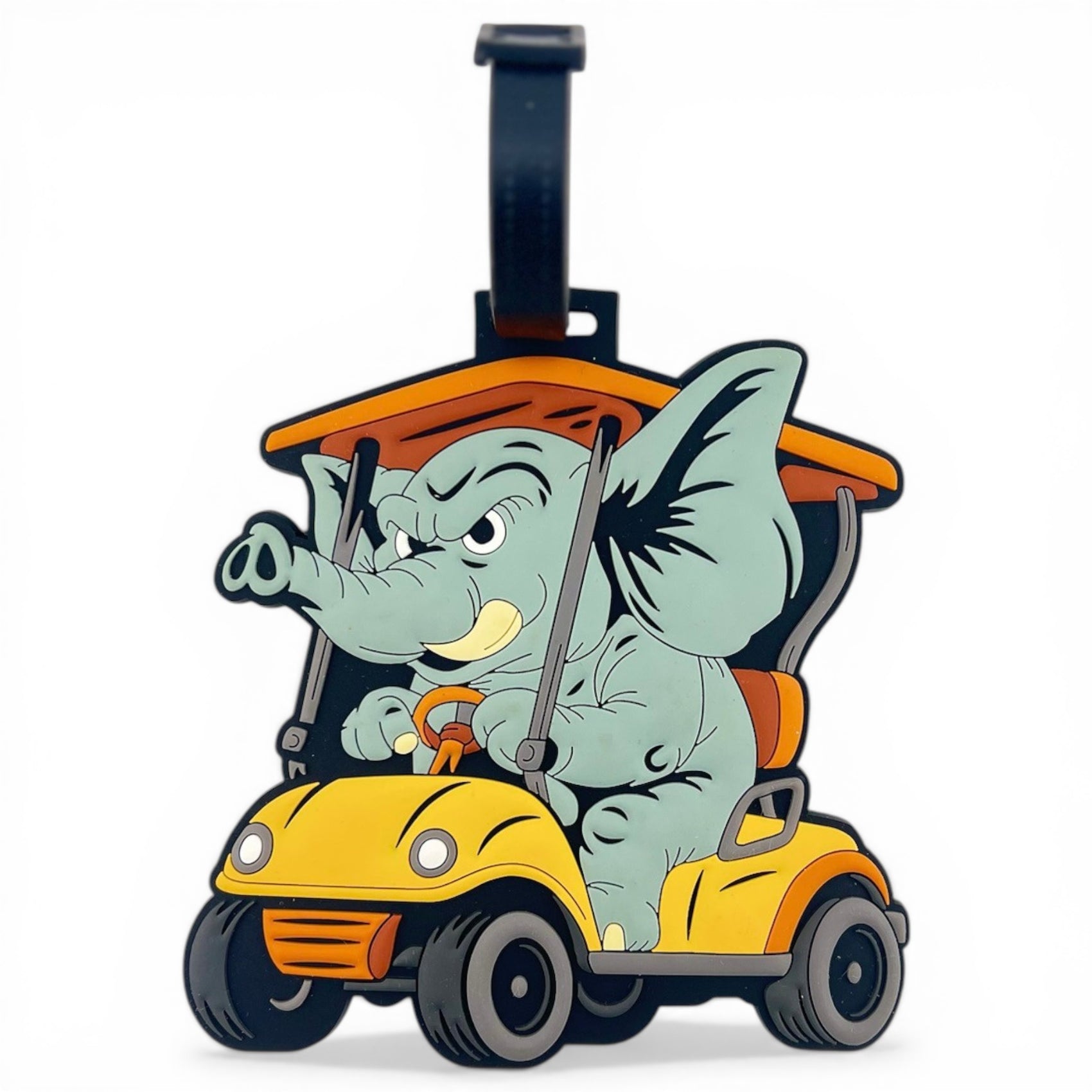 The Elephant Clip-On Tag features a cartoon elephant with an angry face driving a yellow golf cart, designed as a fun multi-use bag tag, travel tag, or golf accessory with an attached black strap.