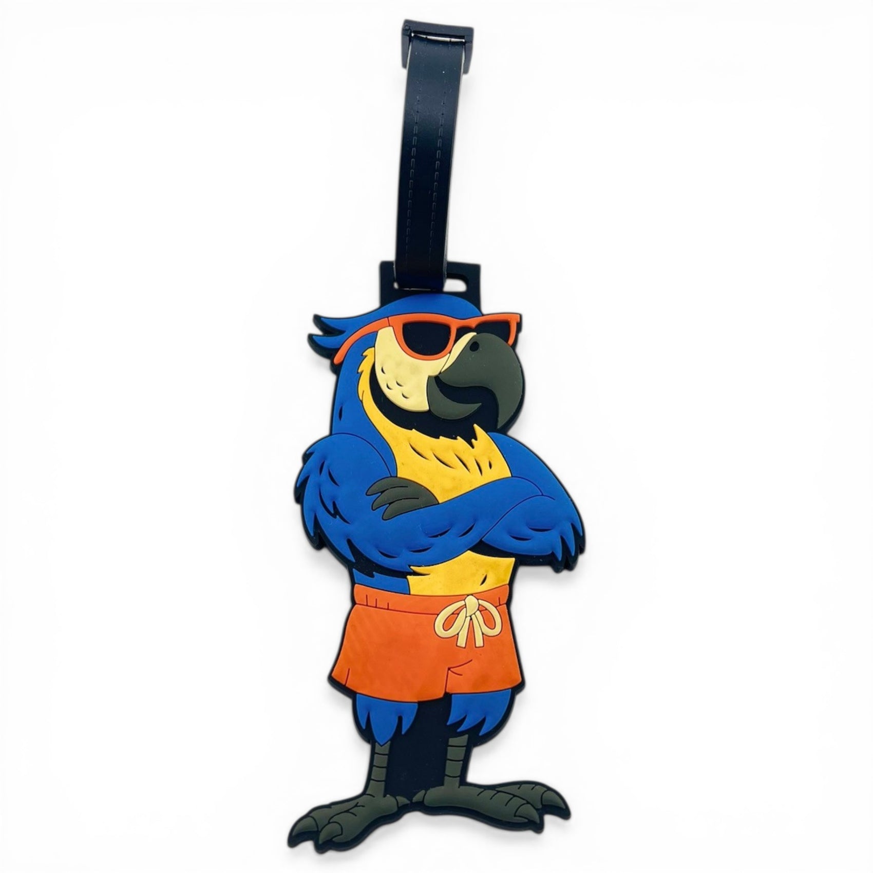 The Parrot Patrol Clip-On Tag is a vibrant bag tag featuring a blue parrot in orange sunglasses and swim trunks, standing confidently—perfect as a multi-use travel tag or golf accessory for any suitcase or bag.