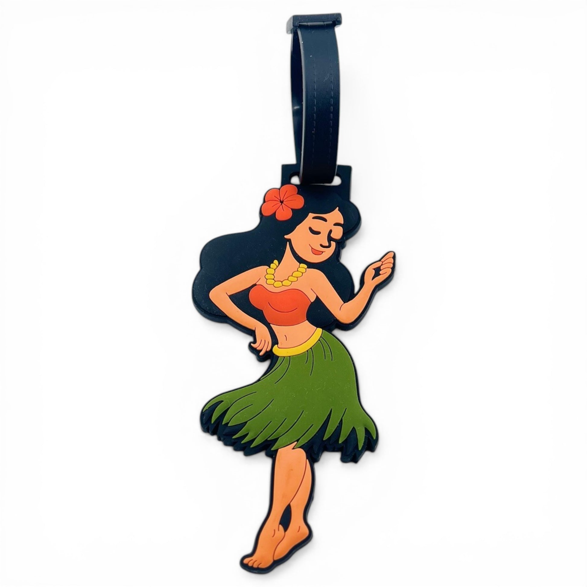 The Hula Girl Clip-On Tag is a playful bag tag featuring a smiling cartoon hula dancer with long hair, red flower, orange top, green grass skirt, and yellow necklace—ideal as a travel tag or golf accessory.