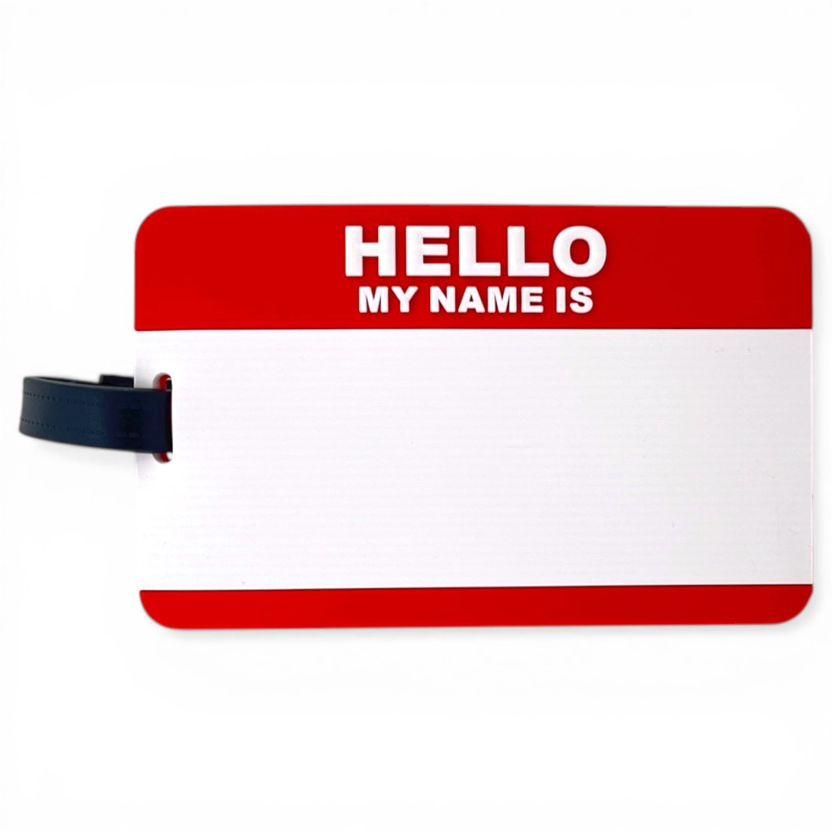 The 'Hello My Name Is' Clip-On Tag is a red and white multi-use bag tag featuring "HELLO MY NAME IS" at the top and a blank space below, perfect for customizing as a travel tag or golf accessory. Includes attached black strap.