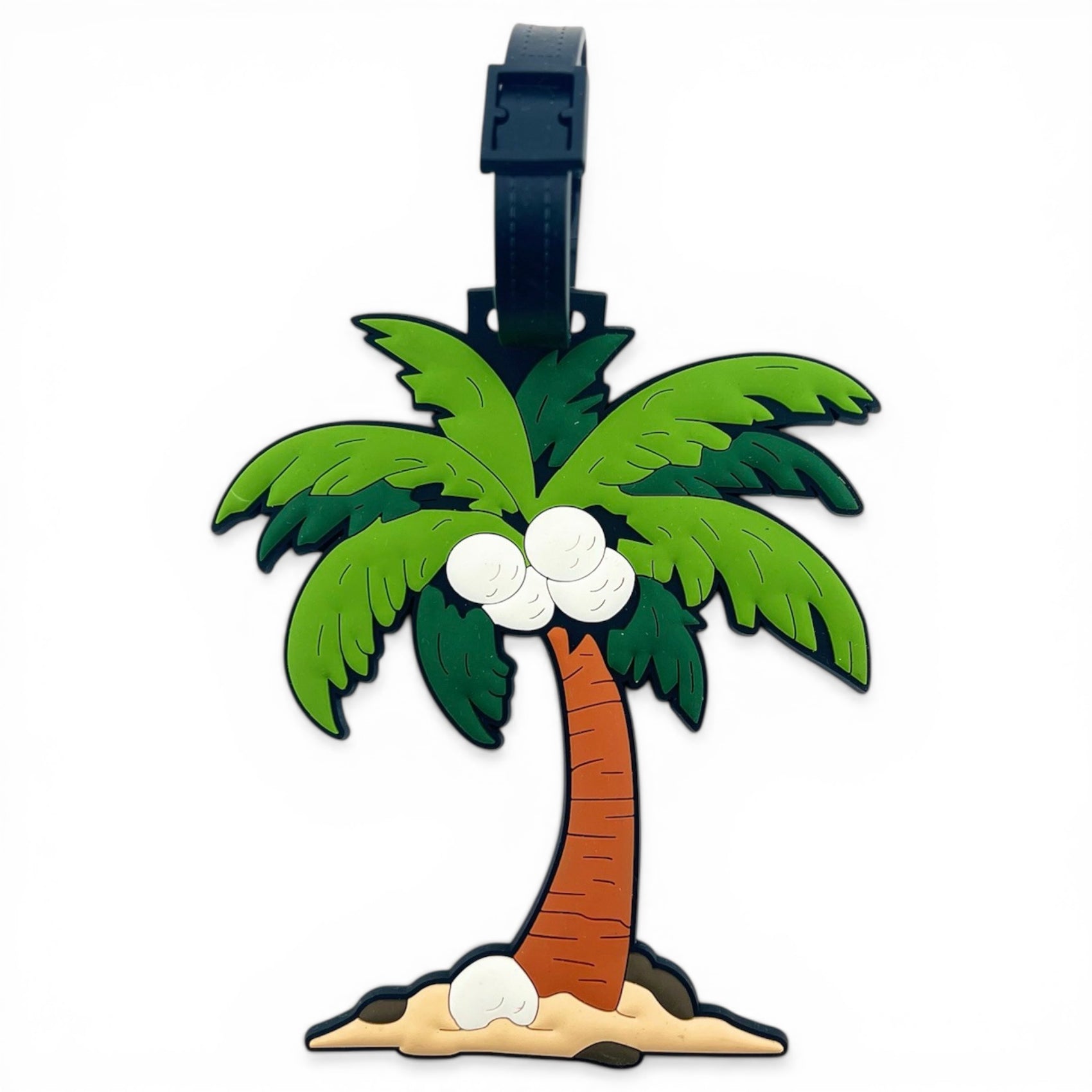 The Fairway Palms Clip-On Tag features a cartoon palm with green leaves, brown trunk, white coconuts, and sandy base. This multi-use bag tag has a black strap to attach easily to luggage or golf bags.