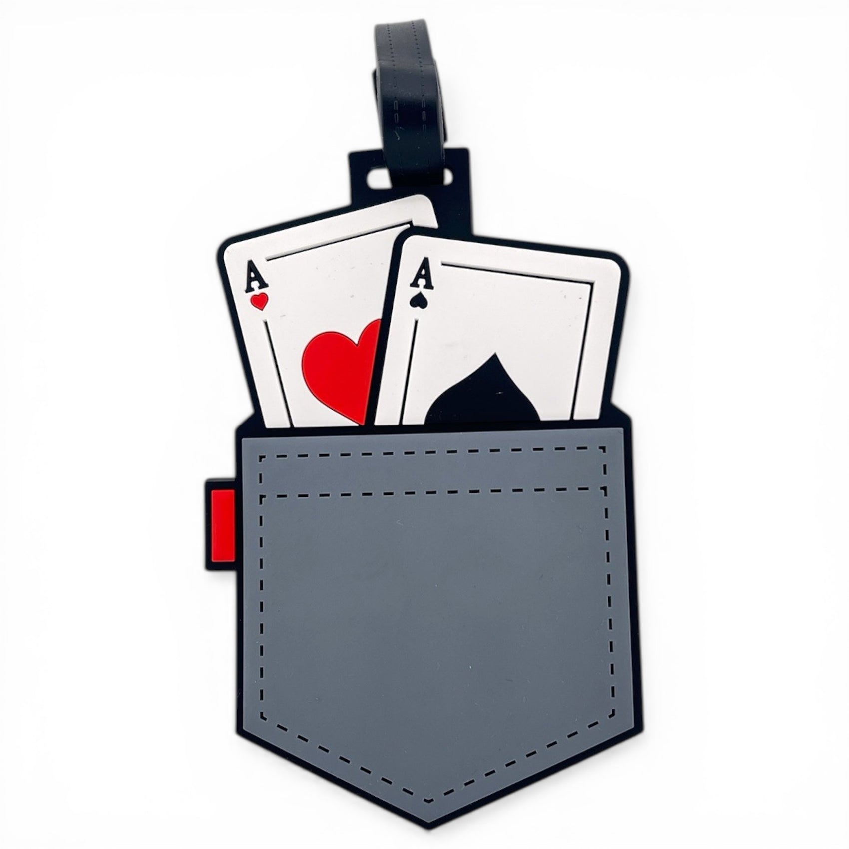 The Pocket Aces Clip-On Tag is a stitched gray pocket-shaped tag with Ace of Hearts and Ace of Spades cards peeking out—ideal as a multi-use bag tag, travel tag, or distinctive golf accessory.