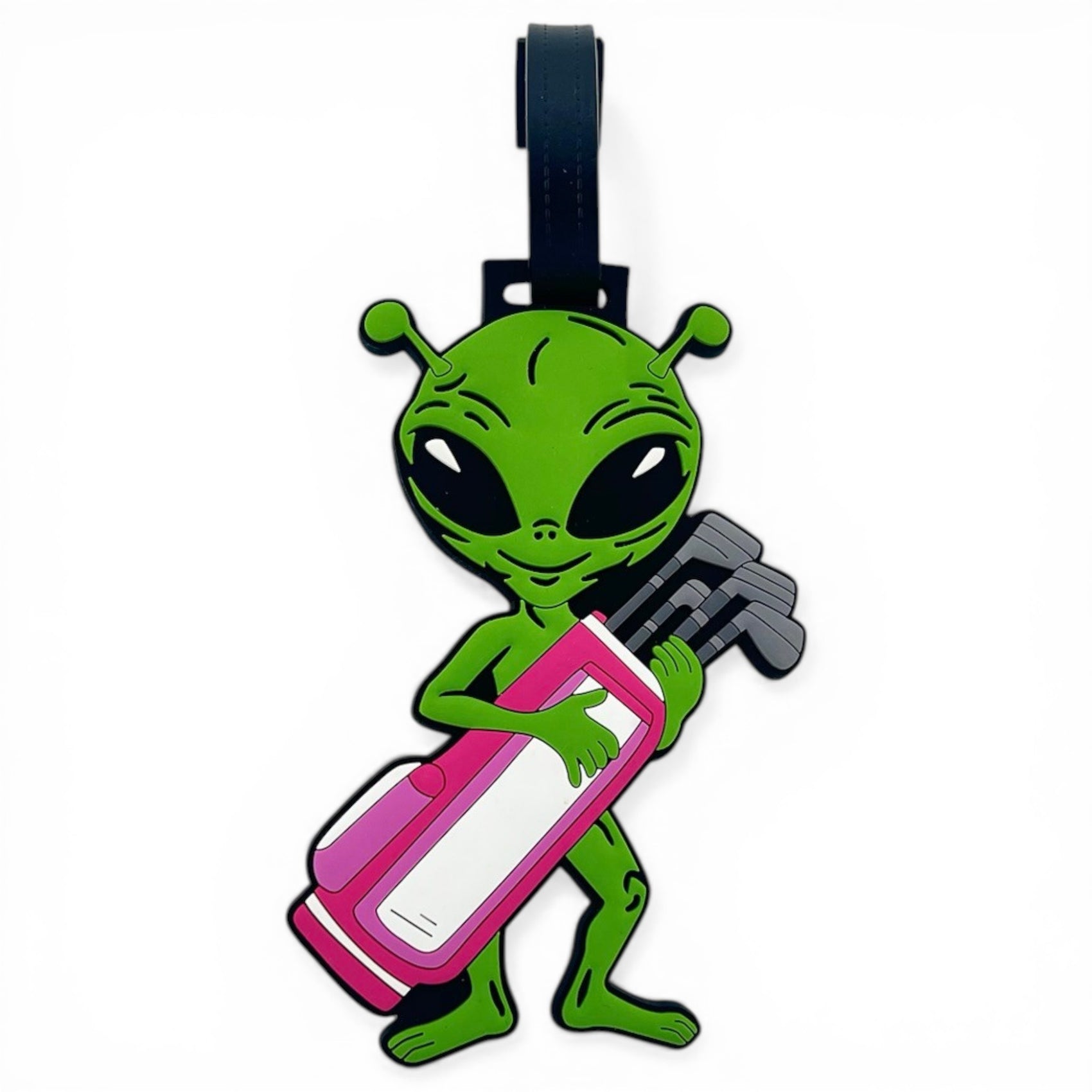 The Alien Caddy Clip-On Tag is a playful, multi-use bag tag featuring a cartoon green alien with a pink and white golf bag. With its black strap, it’s the perfect travel tag and golf accessory for fun-loving travelers.
