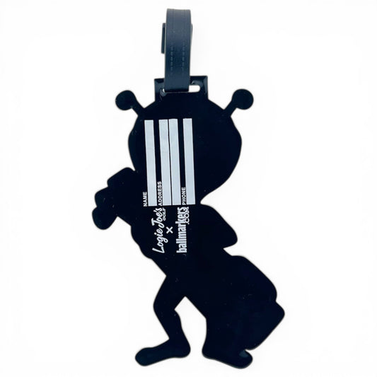 The Alien Caddy Clip-On Tag is a black tag shaped like a cartoon ant with a strap and space for your info in white text—ideal as a travel bag tag or unique golf accessory.