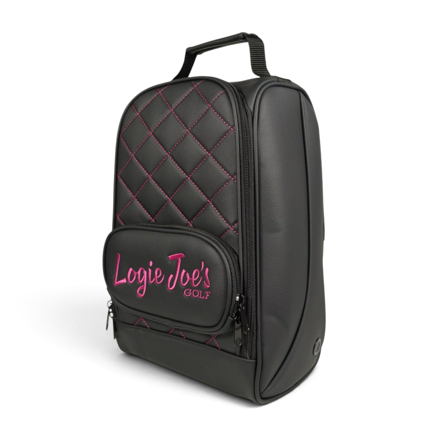 Golf Shoe Bag | Premium PU Leather Golf Shoe Organizer | Quilted Travel Shoe Case with Accessory Pocket, Carry Handle & Ventilation | Black/Pink