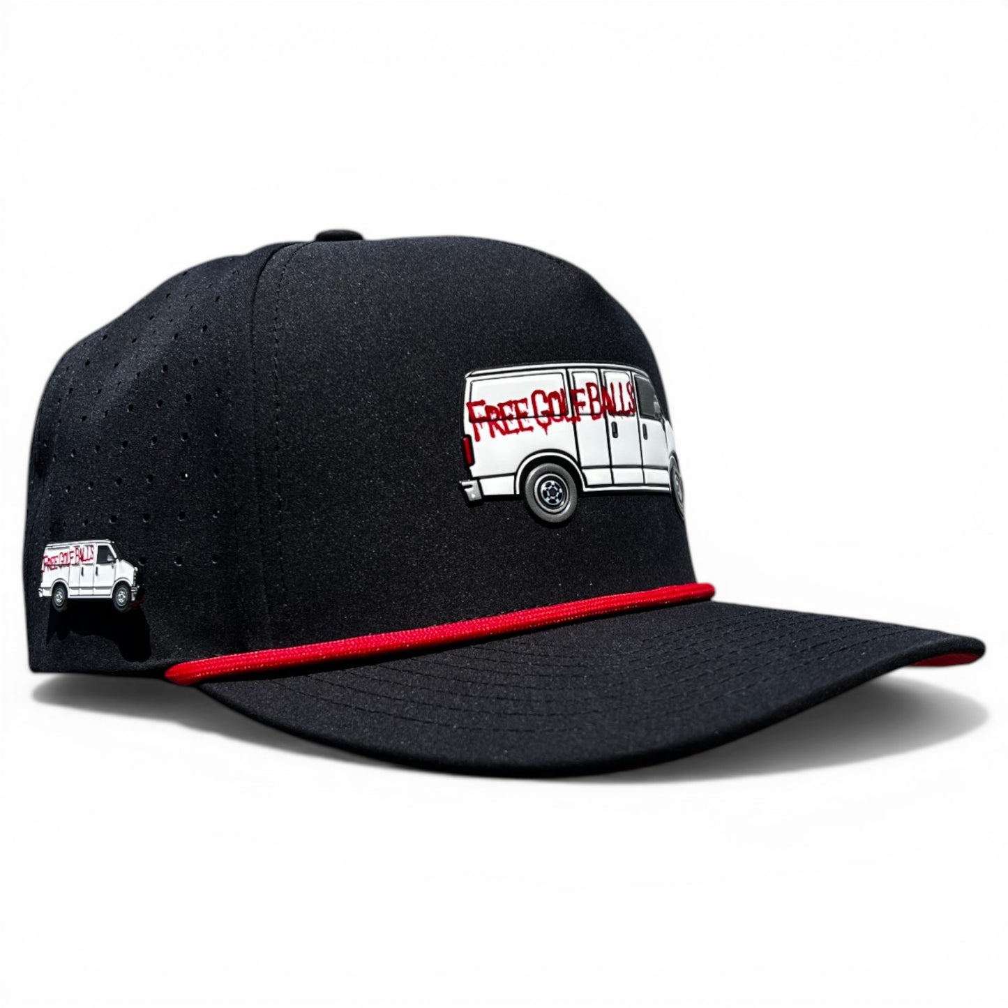 The Free Golf Balls Van Golf Hat is a black adjustable snapback cap with a white embroidered van, red "FREE GOLF BALLS" text, a left-side van patch, red front cord, and includes a built-in magnetic ball marker holder plus marker.