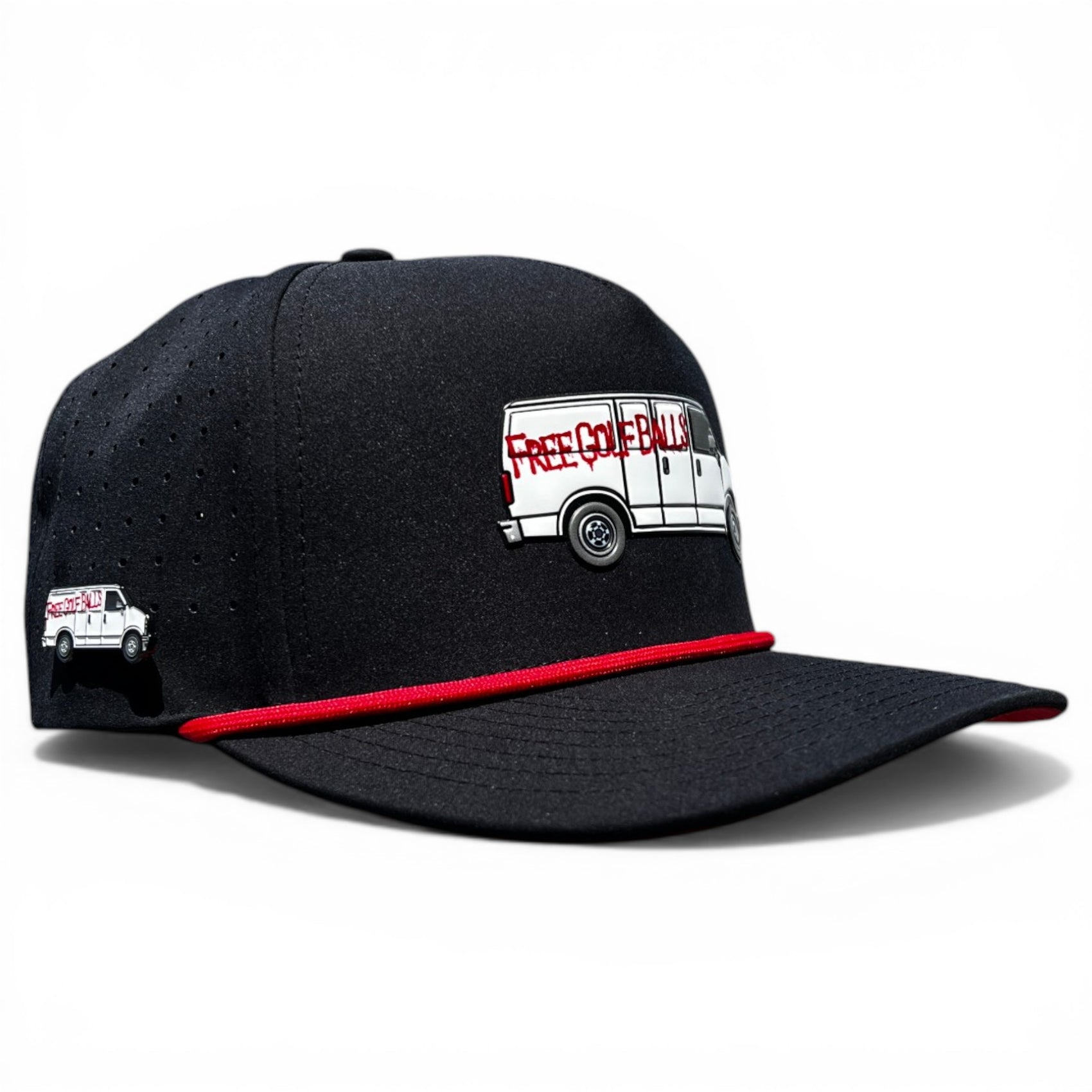 The Free Golf Balls Van Golf Hat is a black adjustable snapback cap with a white embroidered van, red "FREE GOLF BALLS" text, a left-side van patch, red front cord, and includes a built-in magnetic ball marker holder plus marker.