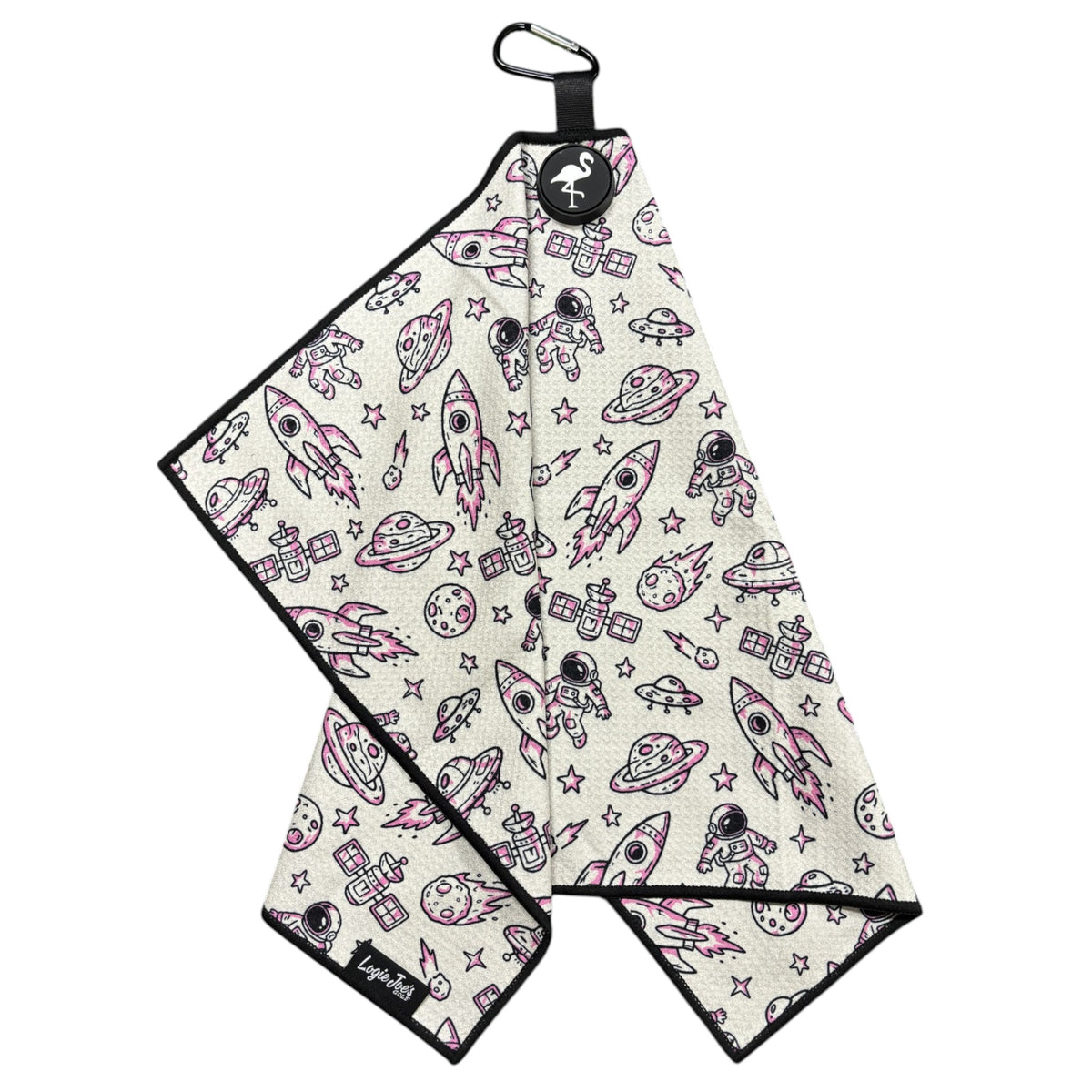 Lost in Space Golf Towel | 24” x 16” Microfiber Towel | Magnetic Clip & Carabiner | Premium Golf Accessory | Astronaut UFO