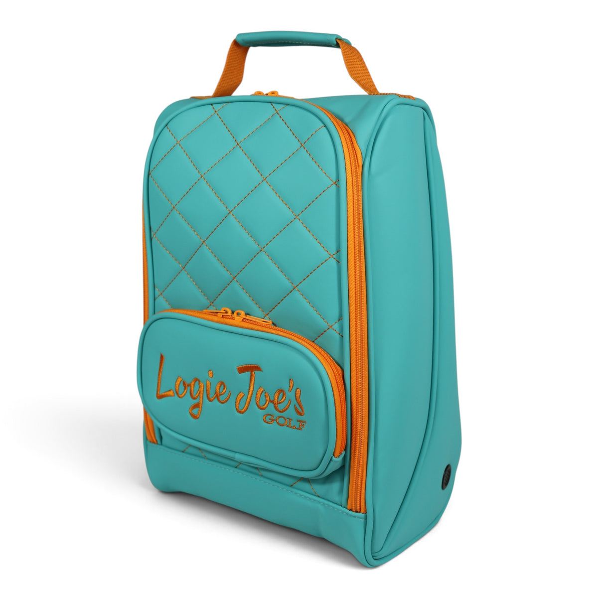 Teal/Orange Golf Shoe Bag | Premium PU Leather Golf Shoe Organizer | Quilted Travel Shoe Case with Accessory Pocket, Carry Handle & Ventilation