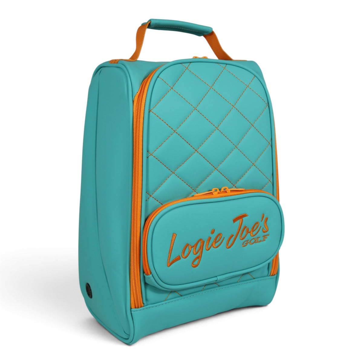Teal/Orange Golf Shoe Bag | Premium PU Leather Golf Shoe Organizer | Quilted Travel Shoe Case with Accessory Pocket, Carry Handle & Ventilation