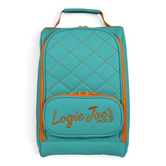 Teal/Orange Golf Shoe Bag | Premium PU Leather Golf Shoe Organizer | Quilted Travel Shoe Case with Accessory Pocket, Carry Handle & Ventilation