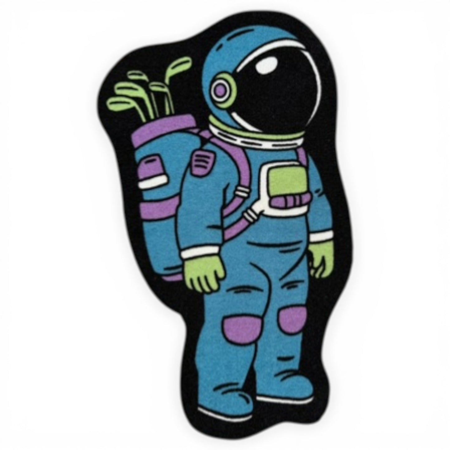 A cartoon astronaut in a blue and purple suit with green gloves and plants in their backpack appears on the Astronaut Walker | Golf Shop Mat | Cart Accessory, which has a durable, easy-to-clean surface and non-slip rubber backing.