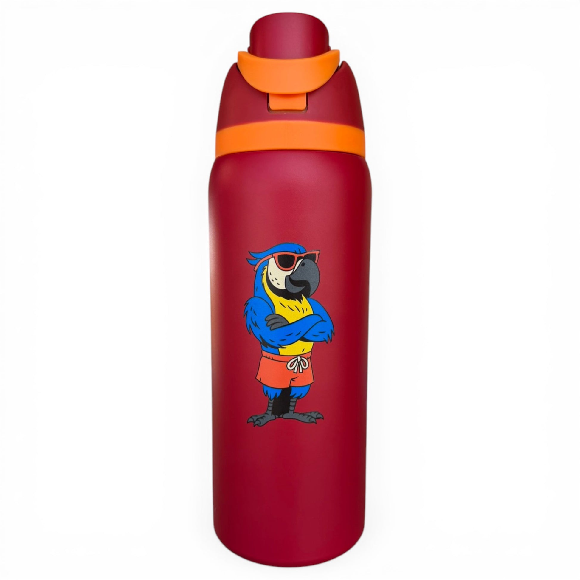 The Parrot Patrol 32oz insulated stainless steel hydration bottle features an orange flip straw lid and a fun cartoon parrot in sunglasses, headband, yellow shirt, and red shorts—perfect for on-the-go hydration.
