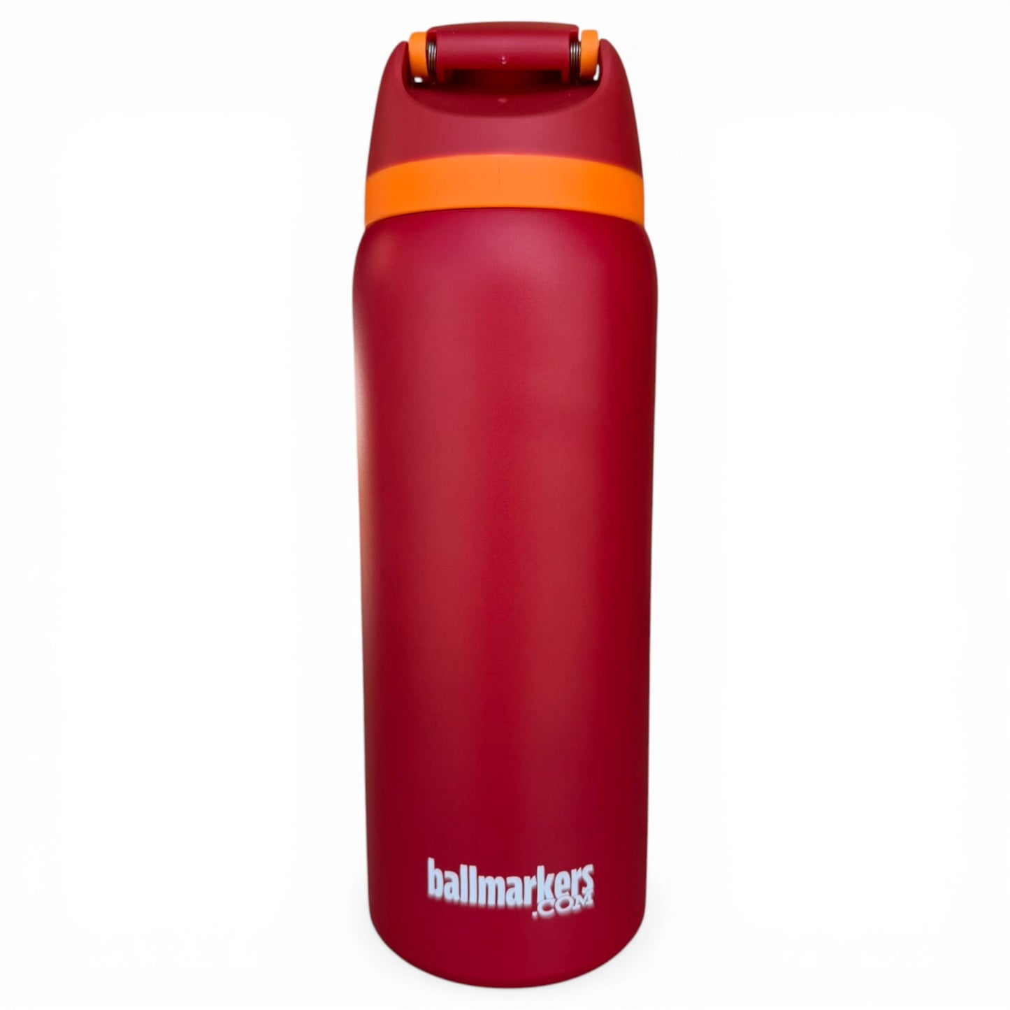A 32oz Parrot Patrol Hydration Bottle, insulated stainless steel with a red body, orange band near the lid, "ballmarkers" in white near the base, and a flip straw lid with handle, set on a plain white background.