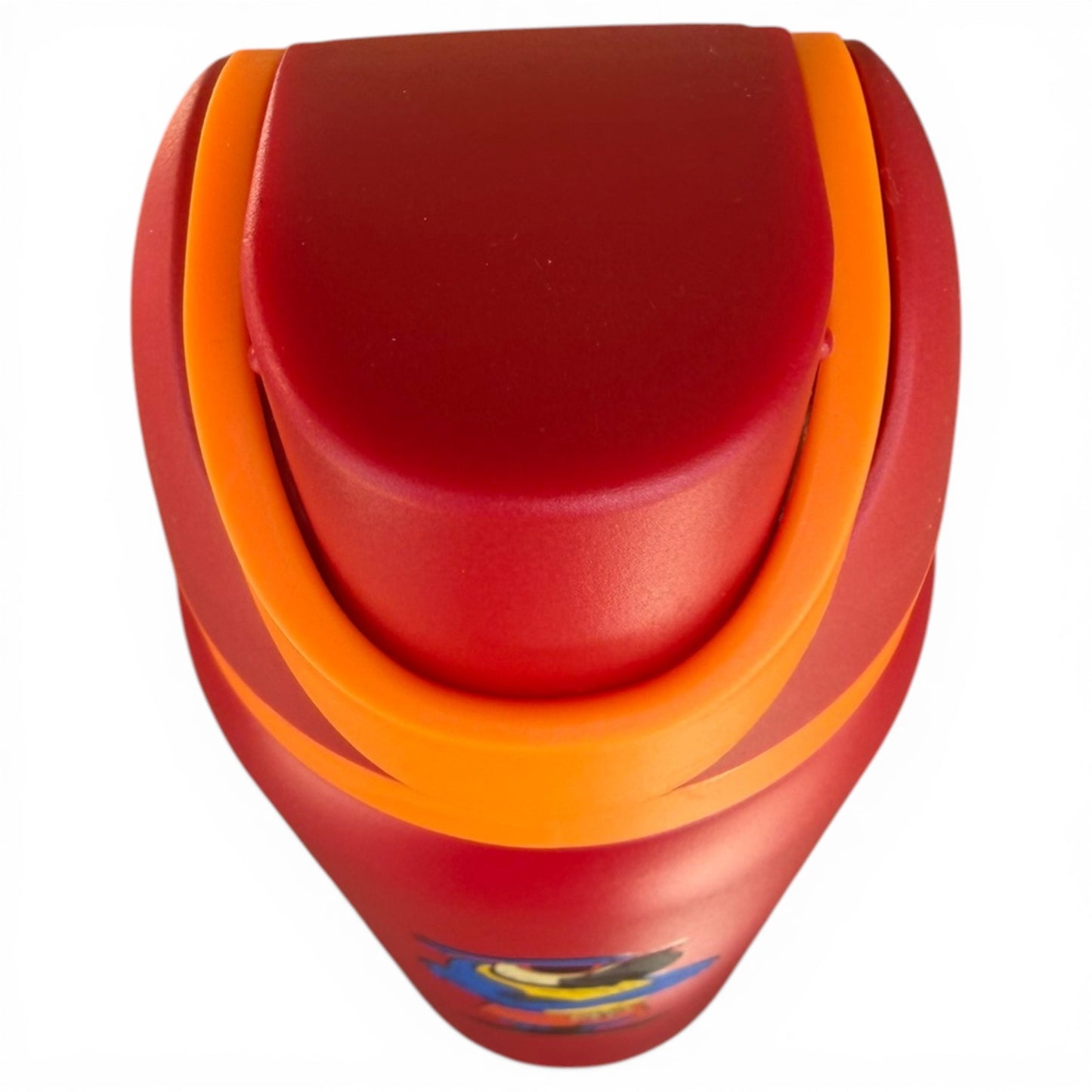 The Hydration Bottle – Parrot Patrol is a 32oz insulated stainless steel water bottle in red and orange, featuring a closed flip straw lid with handle, shown from above on a white background.