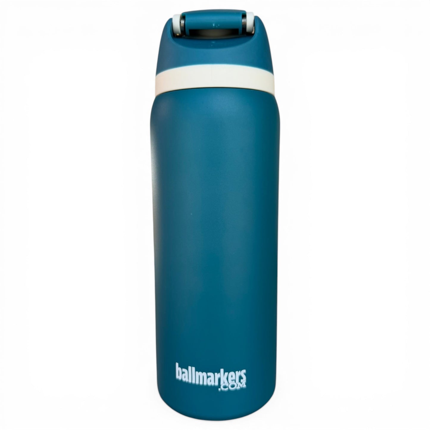 The Hydration Bottle – Tiki Bear is a 32oz blue insulated stainless steel bottle with a flip straw lid and handle, a white band near the top, and Tiki Bear and ballmarkers logos in white at the bottom, shown on a white background.