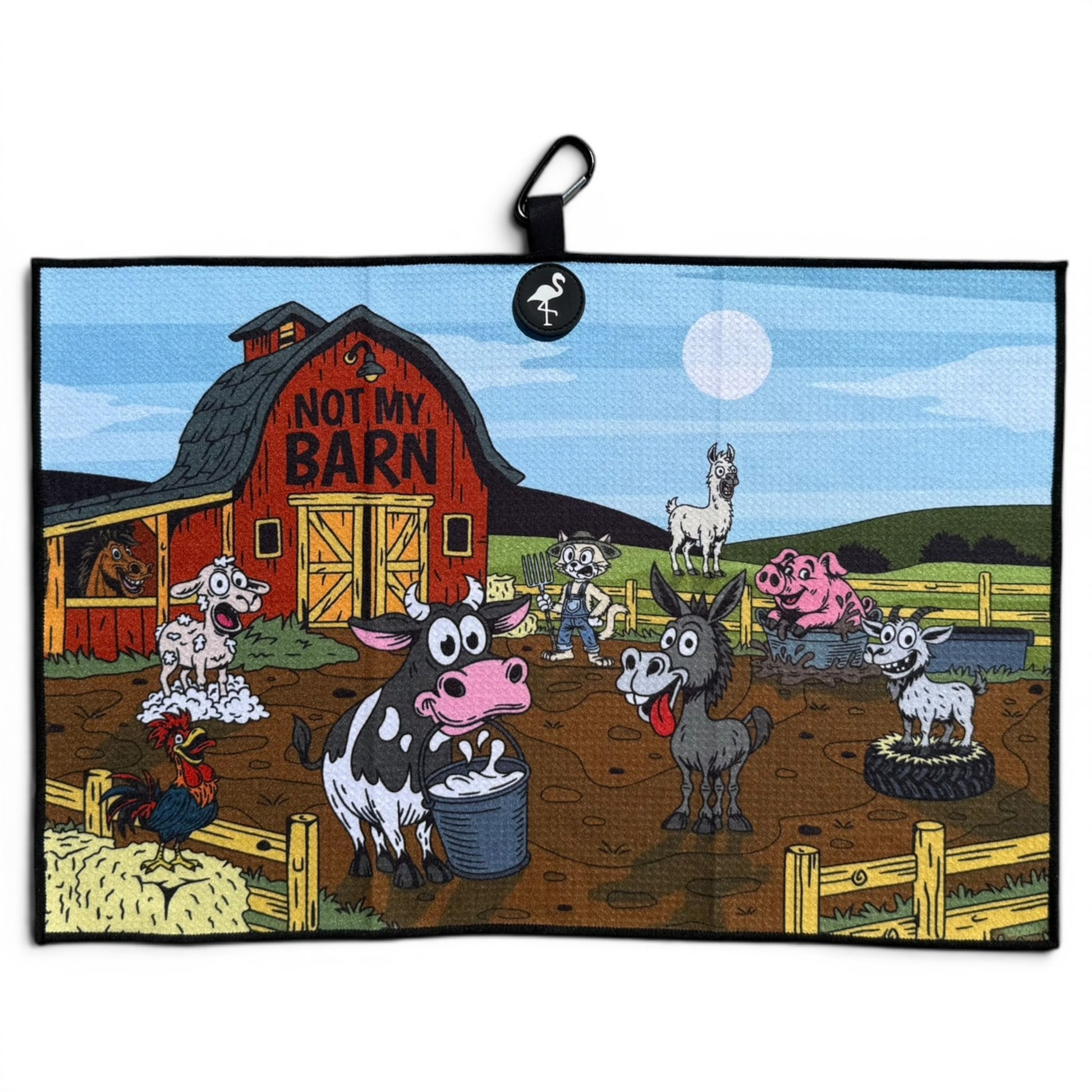 A cow, goat, pigs, llama, rooster, and sheep stand by a red Not My Barn sign in a cartoon farm scene—startled as if they've just discovered the Back Nine Barnyard Golf Towel with magnetic clip and carabiner out on the fields!.