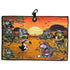 A playful African savanna scene features animals golfing at sunset; the lion uses the Safari Expedition: Lost Fairway Golf Towel, a 24"x16" premium microfiber towel with magnetic clip and carabiner, as a jeep rolls by trees in the background.