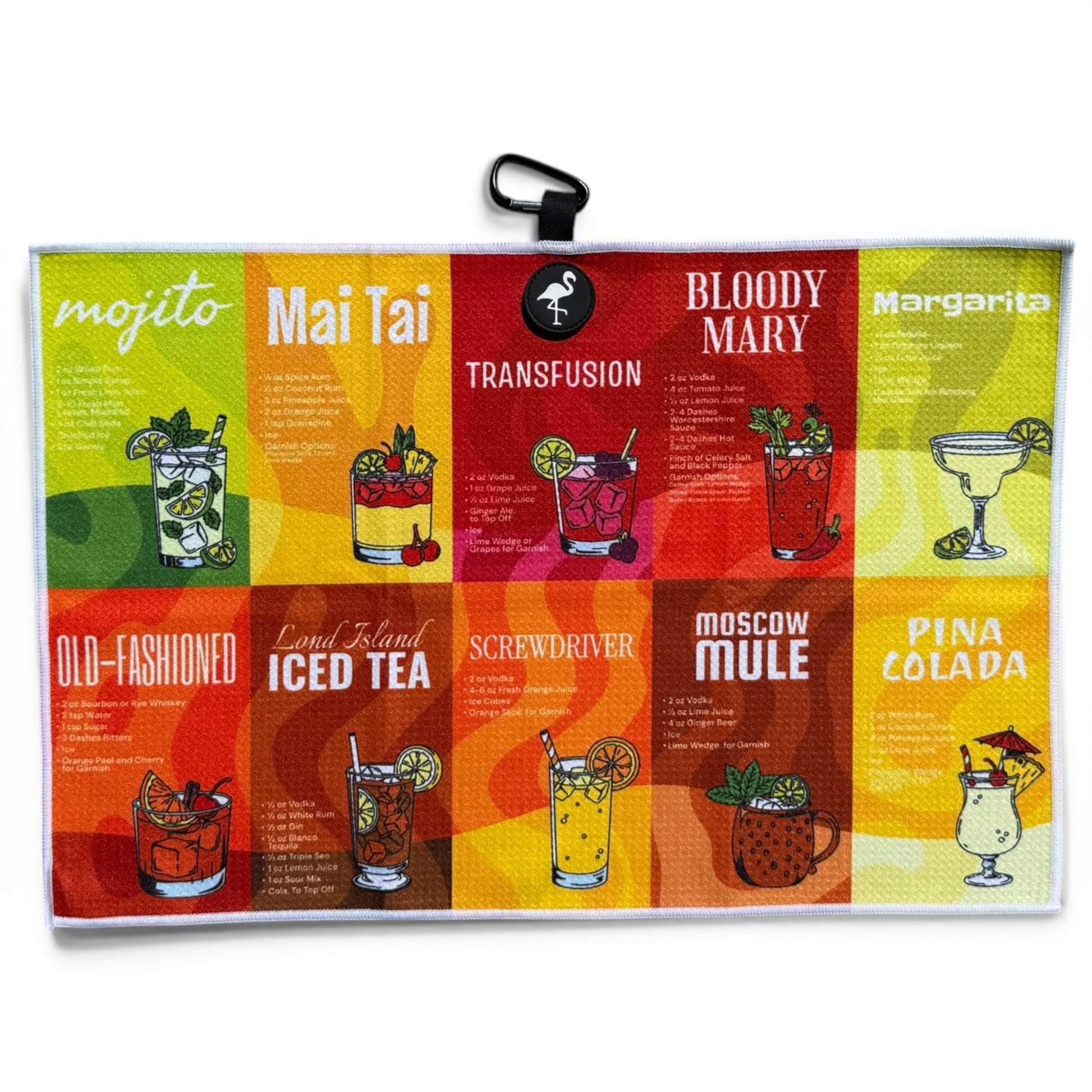 The Classic Cocktails Golf Towel (24” x 16” microfiber) features illustrated recipes for classic drinks like Mojito, Mai Tai, Bloody Mary, Margarita, Old-Fashioned, and more. Includes magnetic clip and carabiner. Premium golf accessory.
