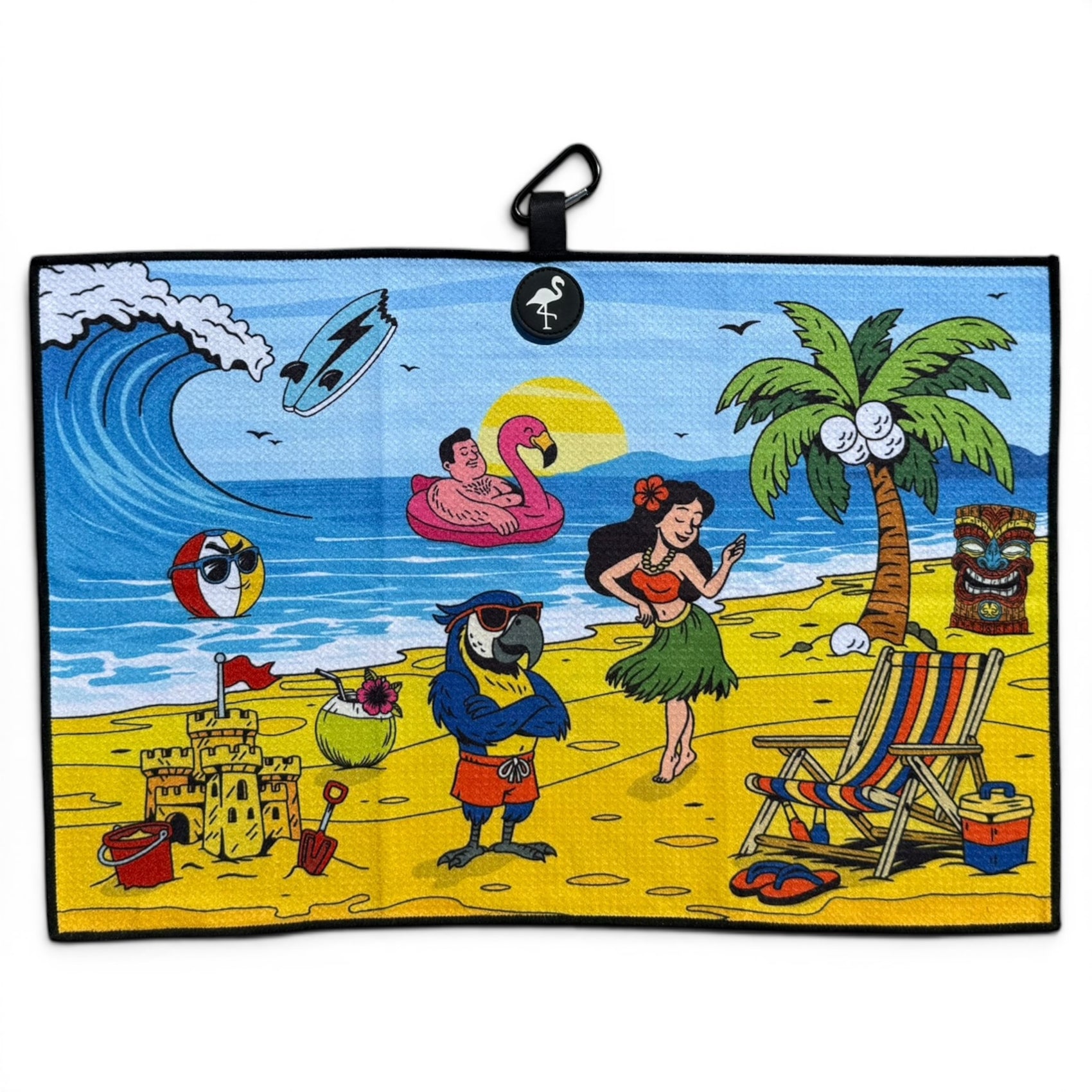 A vibrant cartoon beach scene with a surfing wave, sandcastle, pirate dog, hula dancer using the Beach Party Golf Towel (24”x16” microfiber with magnetic clip), pink flamingo float, coconut palm tree, tiki statue, and striped beach chair.