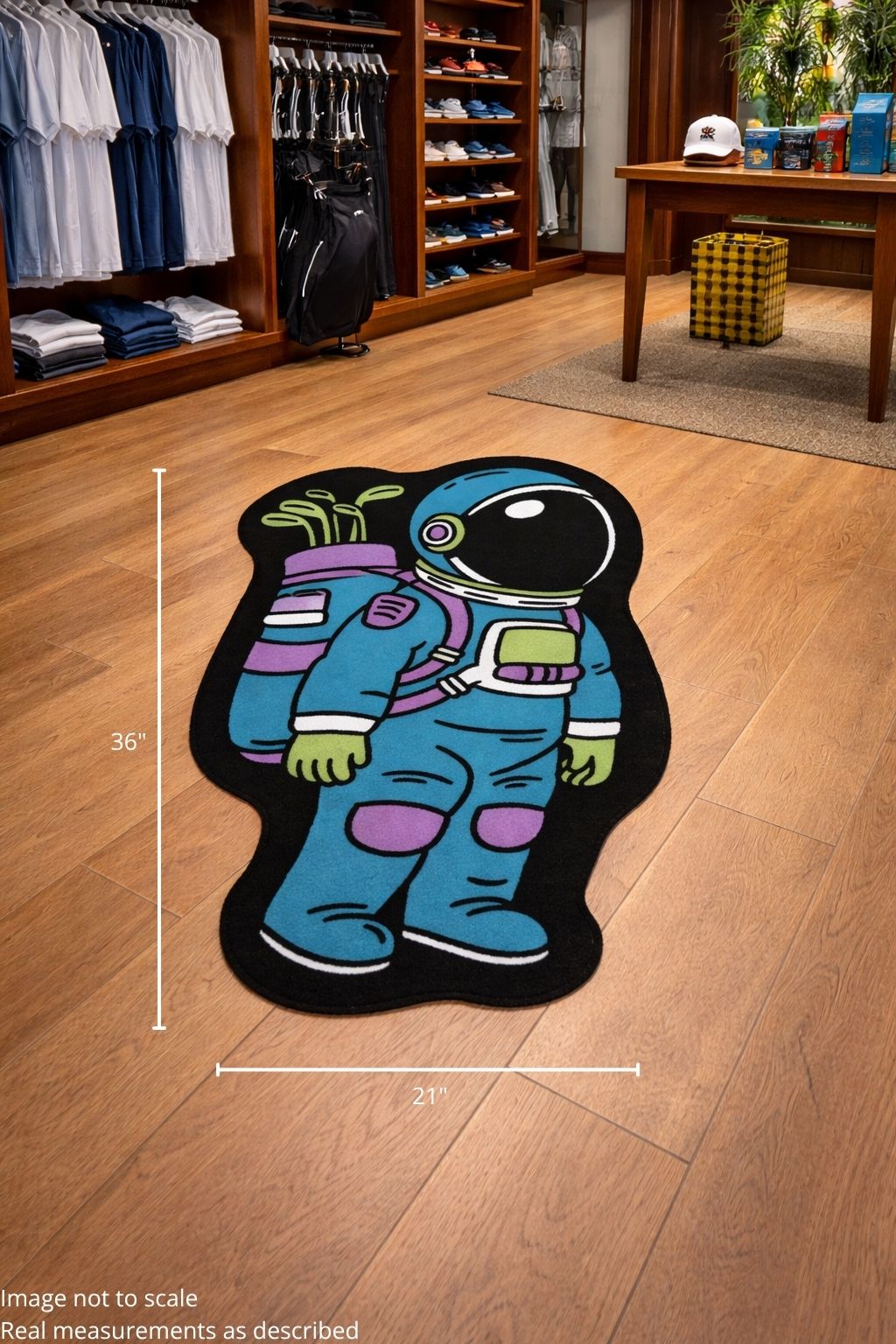 The Astronaut Walker | Golf Shop Mat | Cart Accessory, shaped like an astronaut with golf clubs, measures 36" x 21" and features a non-slip rubber backing. It’s shown on a wooden floor in a clothing store with shirts displayed in the background.
