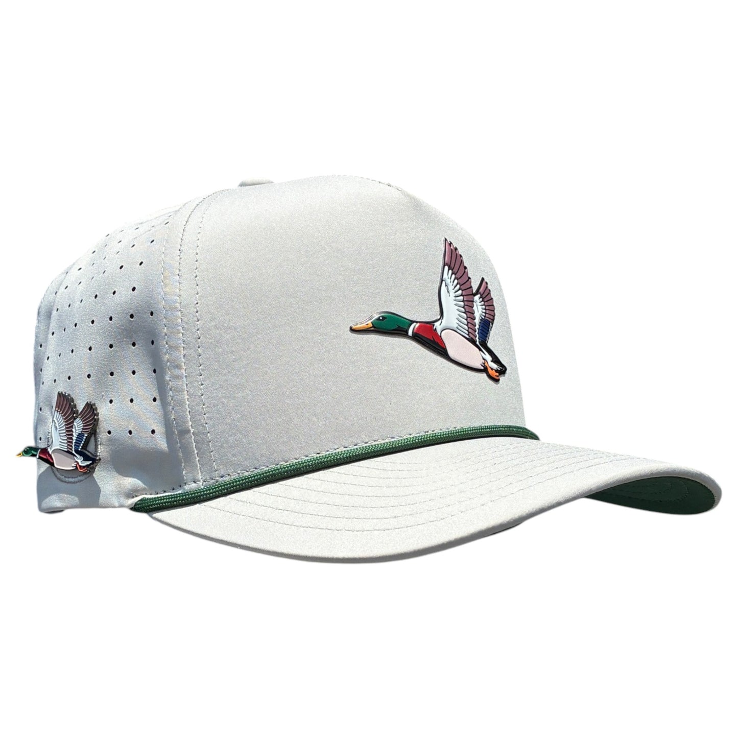 A light gray Mallard Golf Hat with green accents, featuring embroidered flying mallards, ventilation holes, adjustable snapback fit, and a built-in magnetic ball marker holder with marker included.