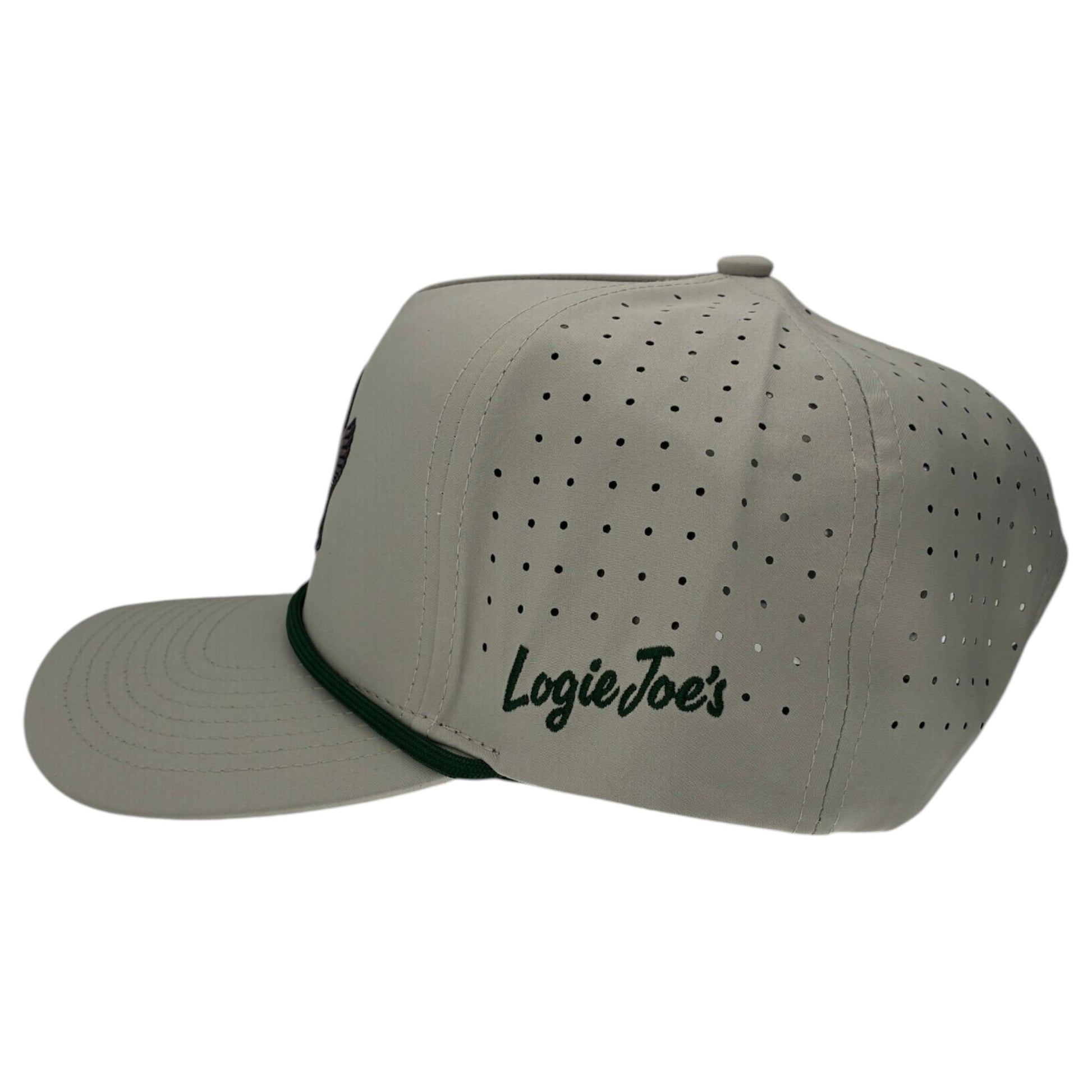 Light gray Mallard Golf Hat with green "Logie Joes" script, ventilation holes, curved brim, green crown accent, and adjustable snapback. Includes built-in magnetic ball marker holder with marker.