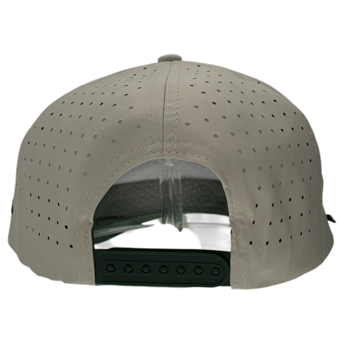 The image shows the back of a light gray Mallard Golf Hat—an adjustable snapback cap featuring small ventilation holes, a built-in magnetic ball marker holder with marker, and a duck design, offering golfers comfort and style.