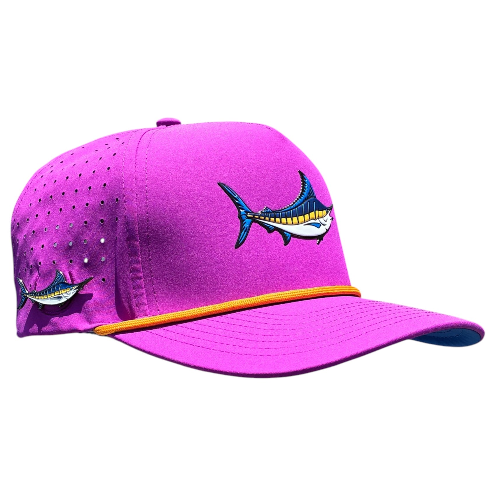 The Marlin Golf Hat is an adjustable purple snapback cap featuring a built-in magnetic ball marker holder with marker, small ventilation holes, a thin yellow rope above the brim, and colorful fish graphics on the front and left side.