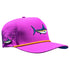 The Marlin Golf Hat is an adjustable purple snapback cap featuring a built-in magnetic ball marker holder with marker, small ventilation holes, a thin yellow rope above the brim, and colorful fish graphics on the front and left side.