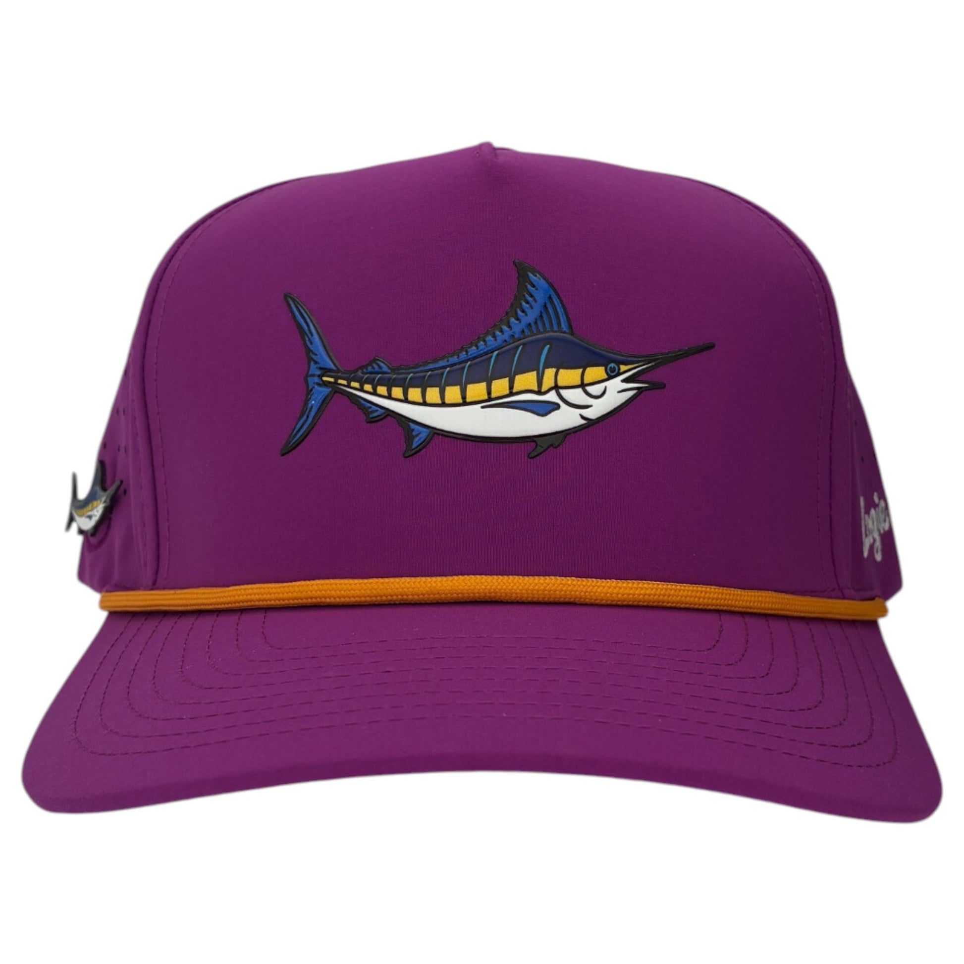 The Marlin Golf Hat is an adjustable purple snapback cap with a built-in magnetic ball marker holder (marker included), featuring marlin fish illustrations—perfect for your next round.