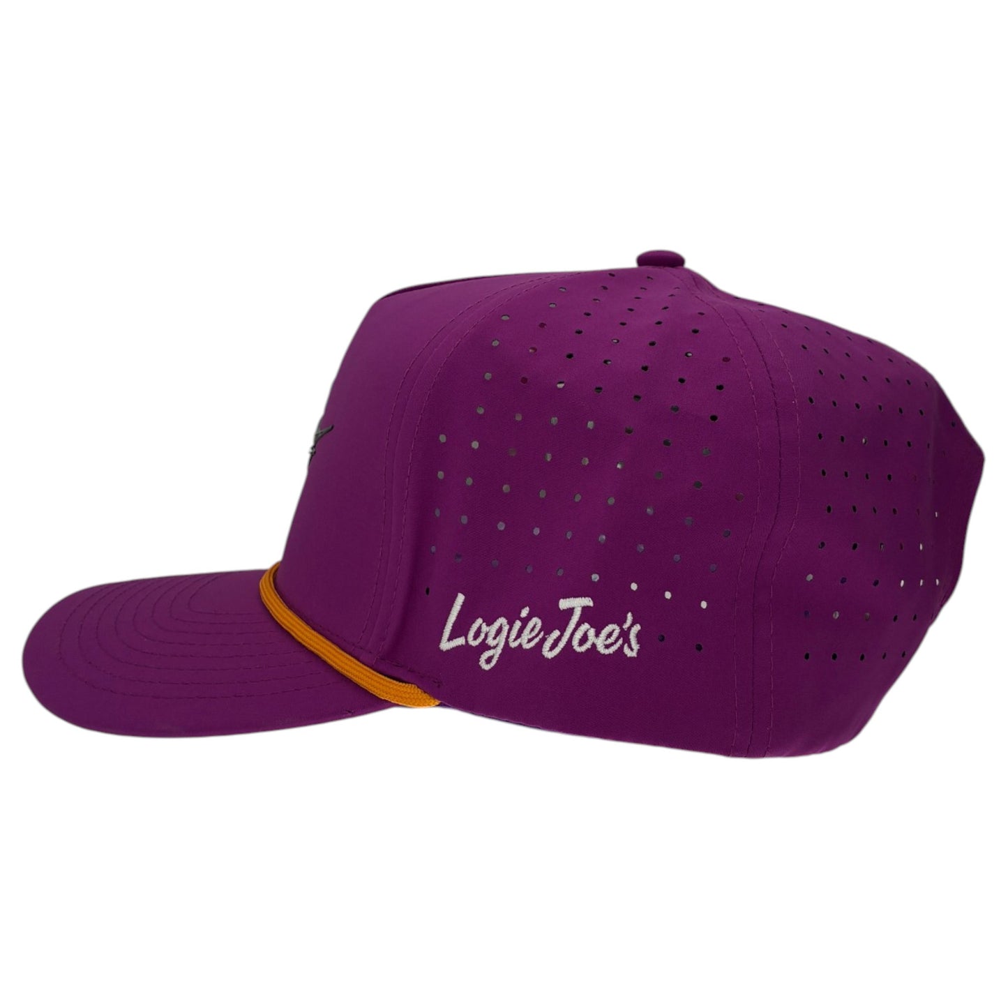 The Marlin Golf Hat is a purple snapback cap with ventilation holes, white "Logie Joes" embroidery on the side, a yellow accent on the front panel base, and an adjustable fit. It features a built-in magnetic ball marker holder with marker included.